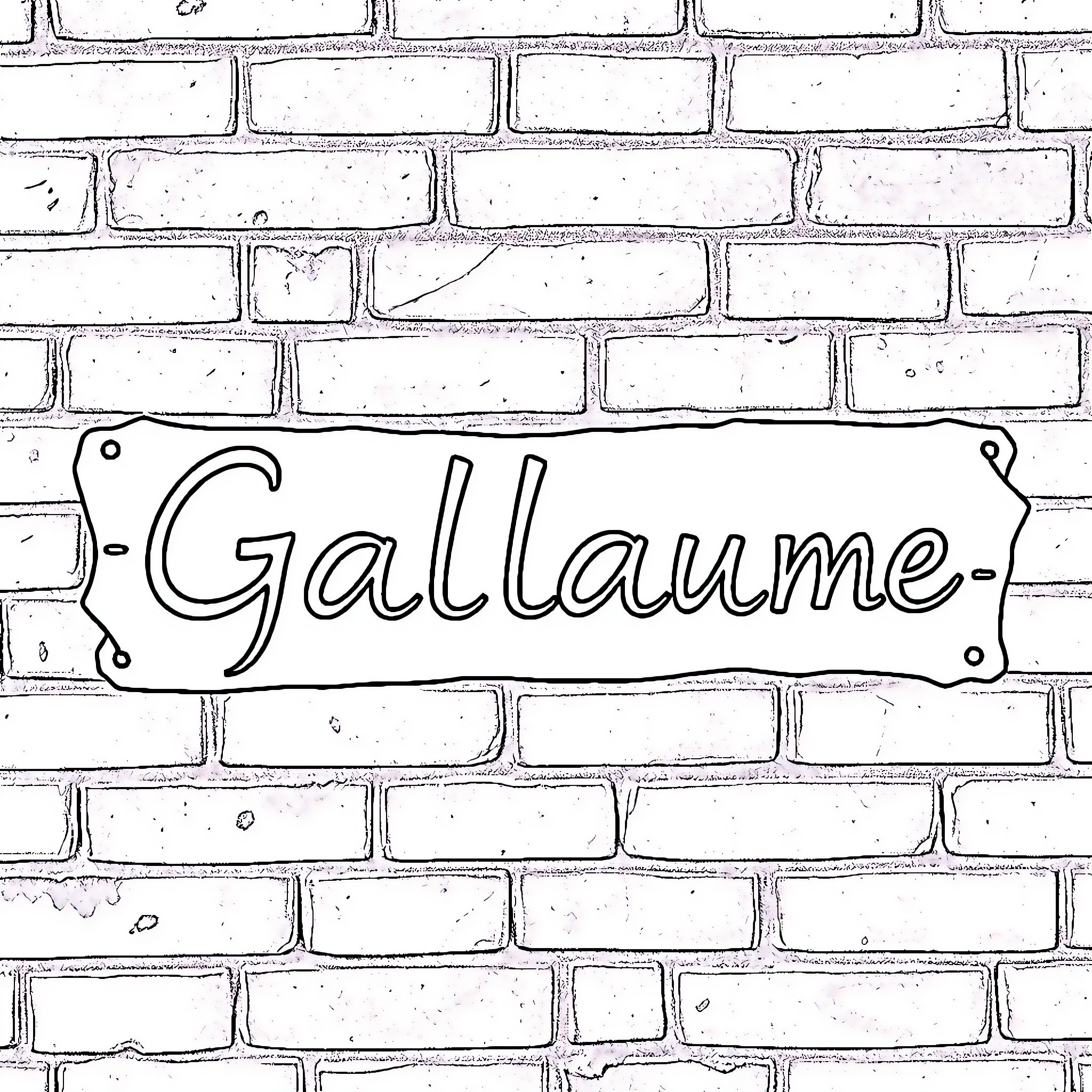 Guillaume's Sign on Brick Wall Coloring Page (free black-and-white line drawing printable PDF for all, from beginners to advanced learners, including children, teens, adults, and seniors)