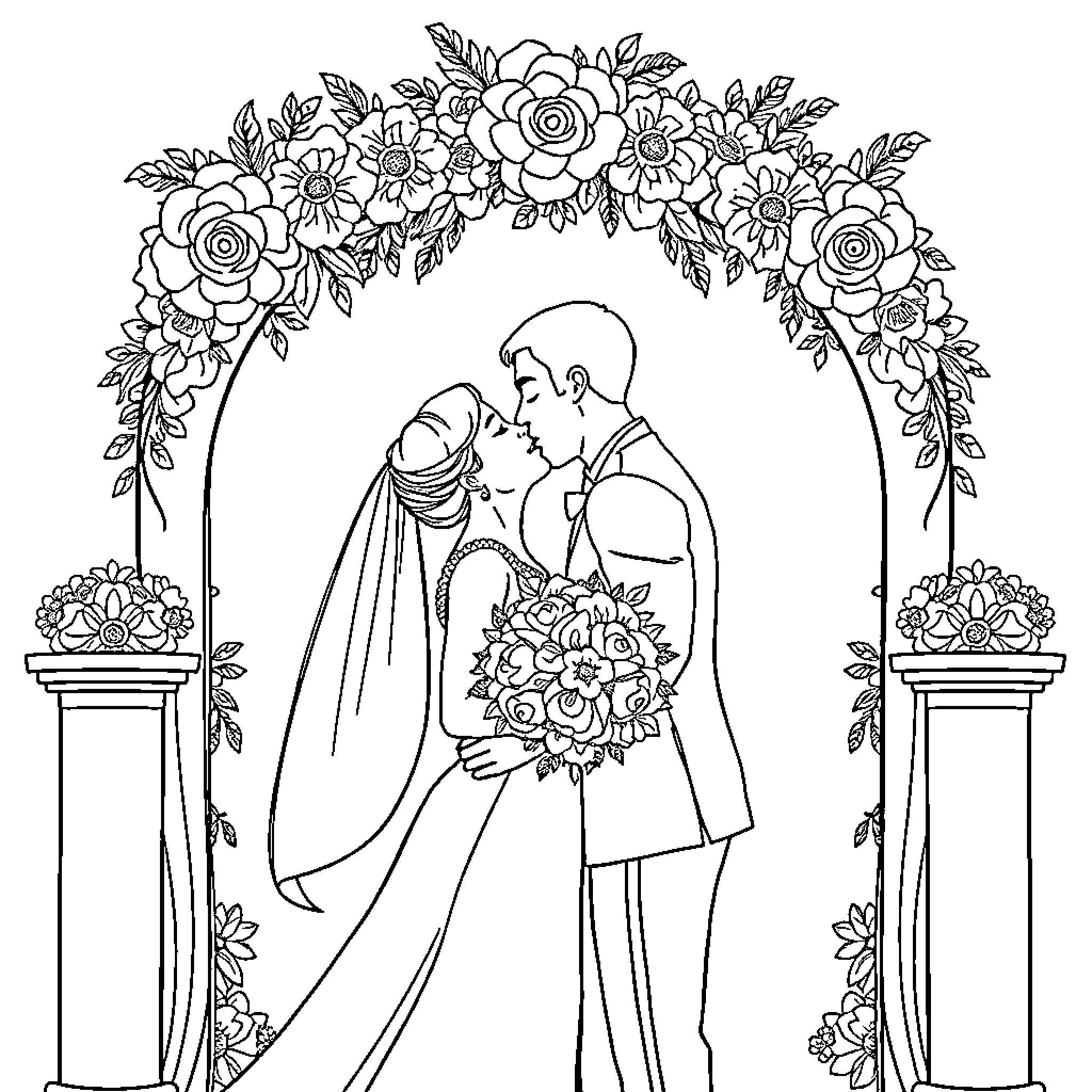 Bride and Groom's Joyful Union under Floral Arch Coloring Page (free black-and-white line drawing printable PDF for all, from beginners to advanced learners, including children, teens, adults, and seniors)