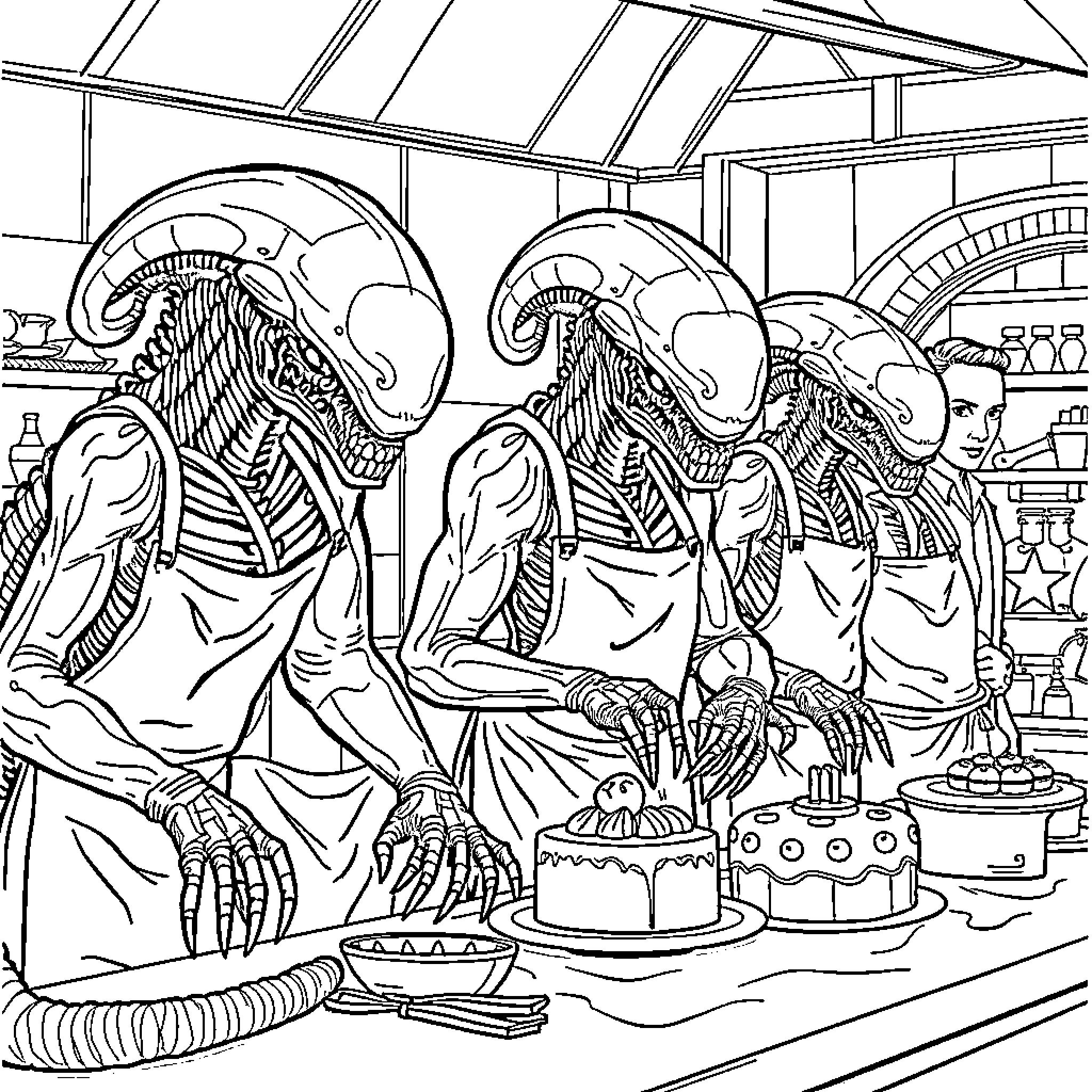 Xenomorph Creatures Celebrating a Birthday Party Coloring Page (free black-and-white line drawing printable PDF for all, from beginners to advanced learners, including children, teens, adults, and seniors)