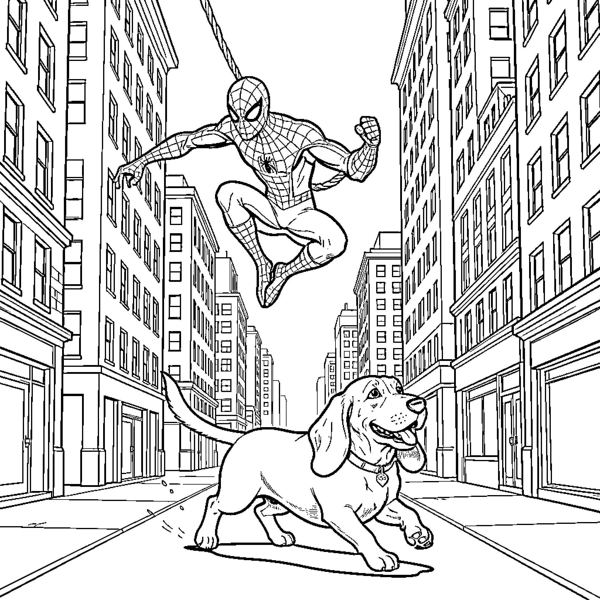 Spiderman swinging through the city with a dog Coloring Page (free black-and-white line drawing printable PDF for all, from beginners to advanced learners, including children, teens, adults, and seniors)