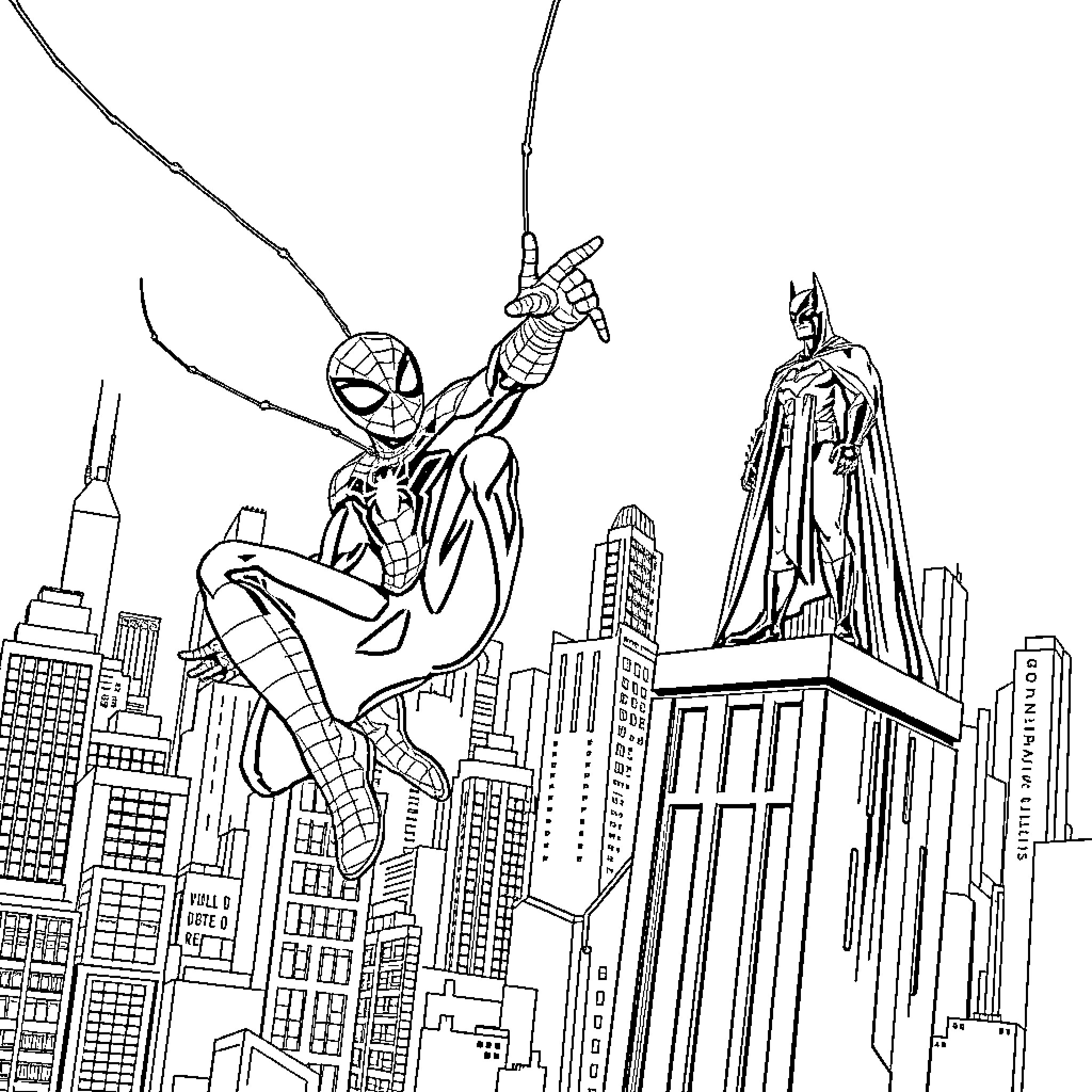 Spiderman swinging through the city with Batman overlooking Coloring Page (free black-and-white line drawing printable PDF for all, from beginners to advanced learners, including children, teens, adults, and seniors)