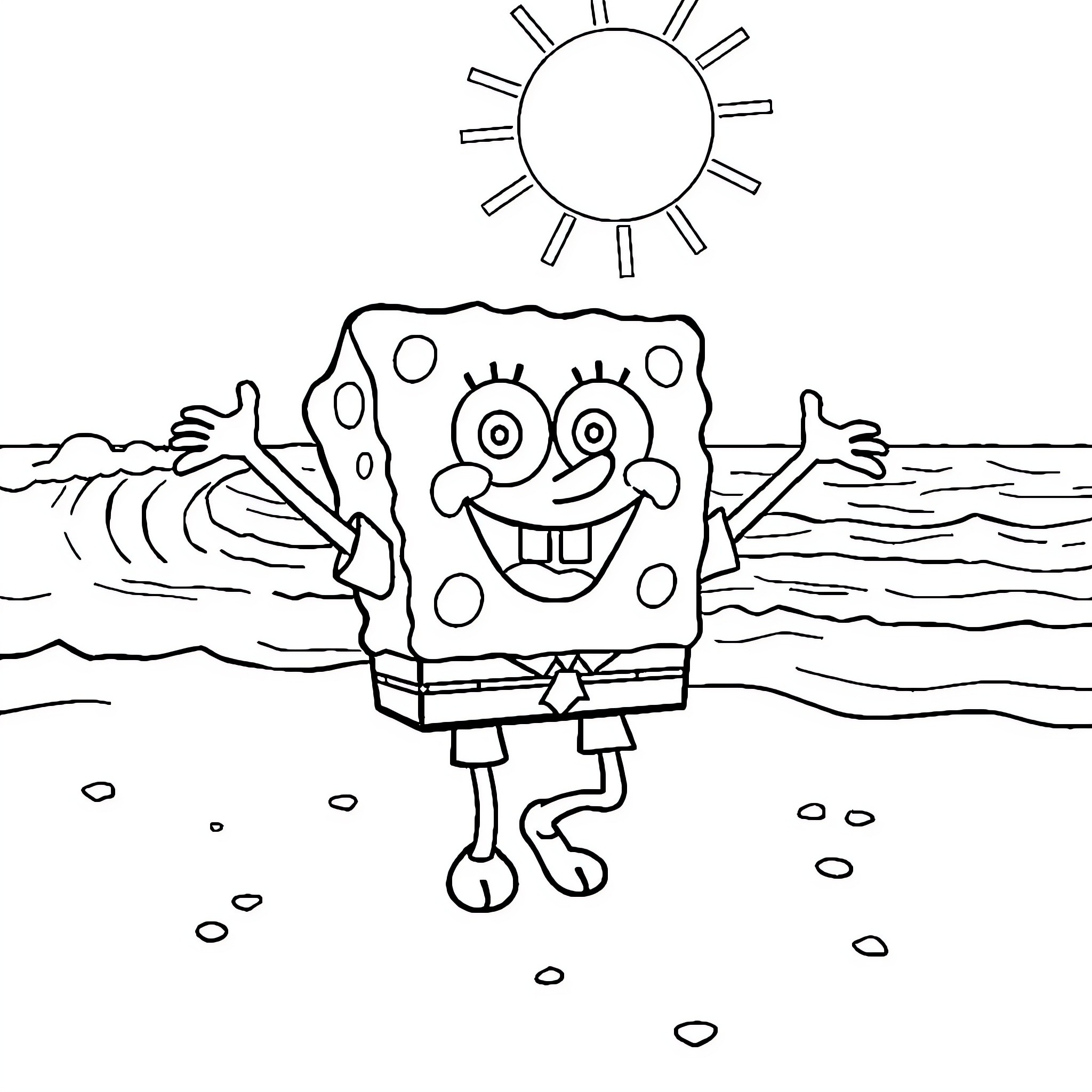 Spongebob enjoying the sunny day on the beach Coloring Page (free black-and-white line drawing printable PDF for all, from beginners to advanced learners, including children, teens, adults, and seniors)