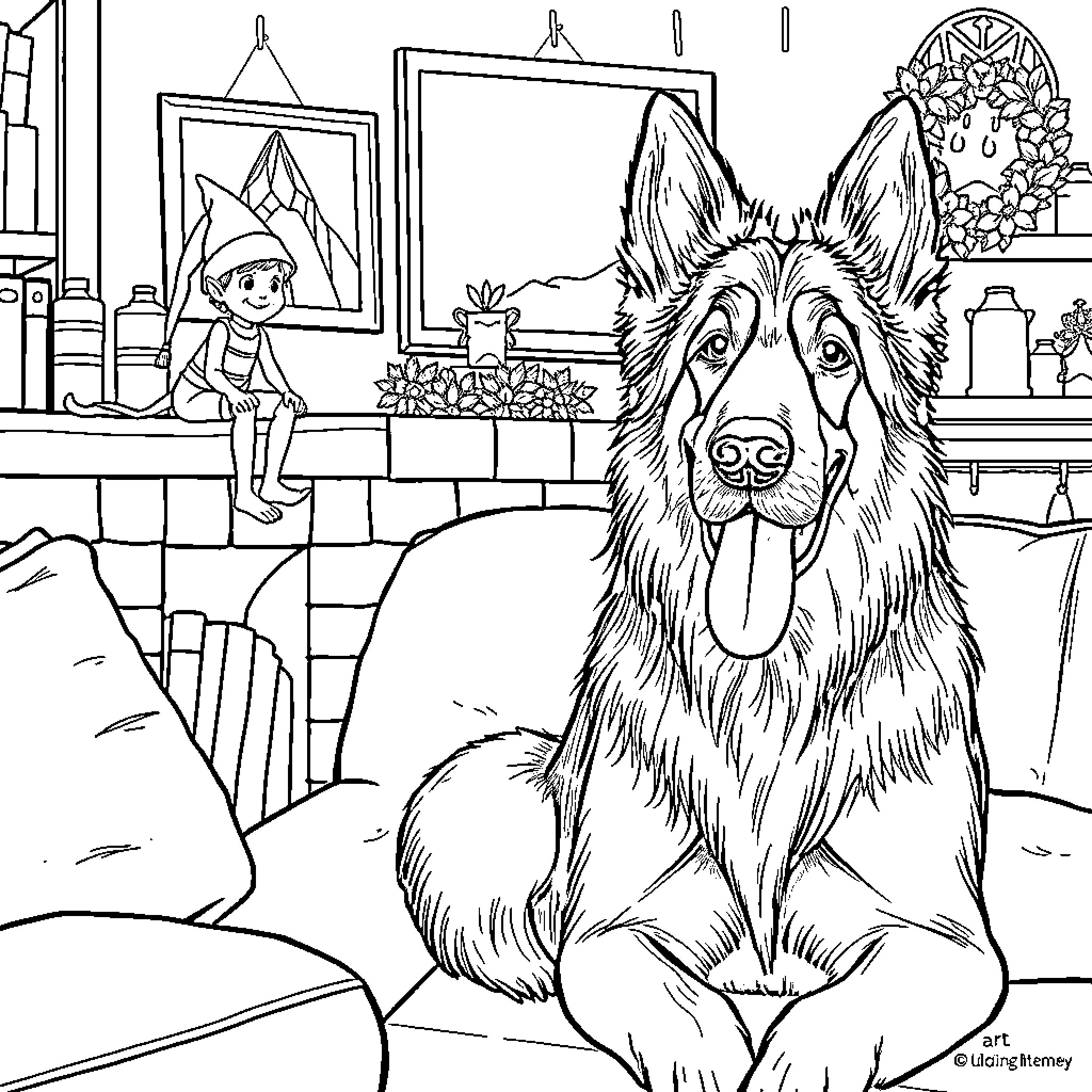 Elf and Friendly Dog in Cozy Interior Coloring Page (free black-and-white line drawing printable PDF for all, from beginners to advanced learners, including children, teens, adults, and seniors)