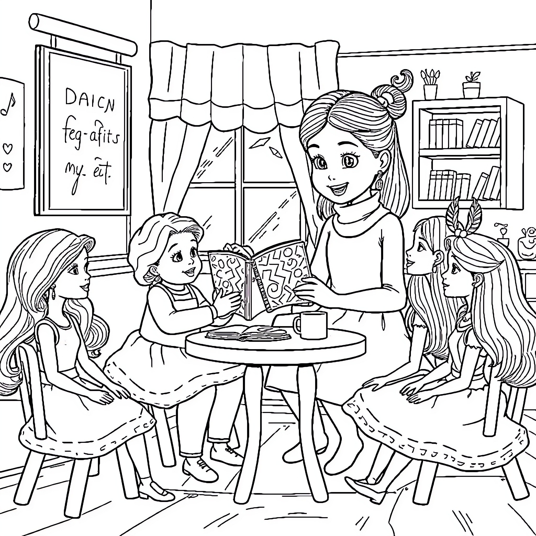 Girl friends enjoying a friendly gathering Coloring Page (free black-and-white line drawing printable PDF for all, from beginners to advanced learners, including children, teens, adults, and seniors)