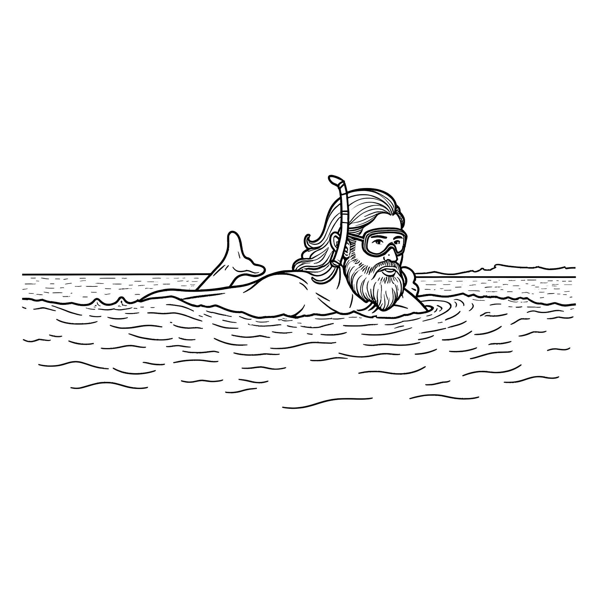 Man swimming with dolphins in the ocean Coloring Page (free black-and-white line drawing printable PDF for all, from beginners to advanced learners, including children, teens, adults, and seniors)
