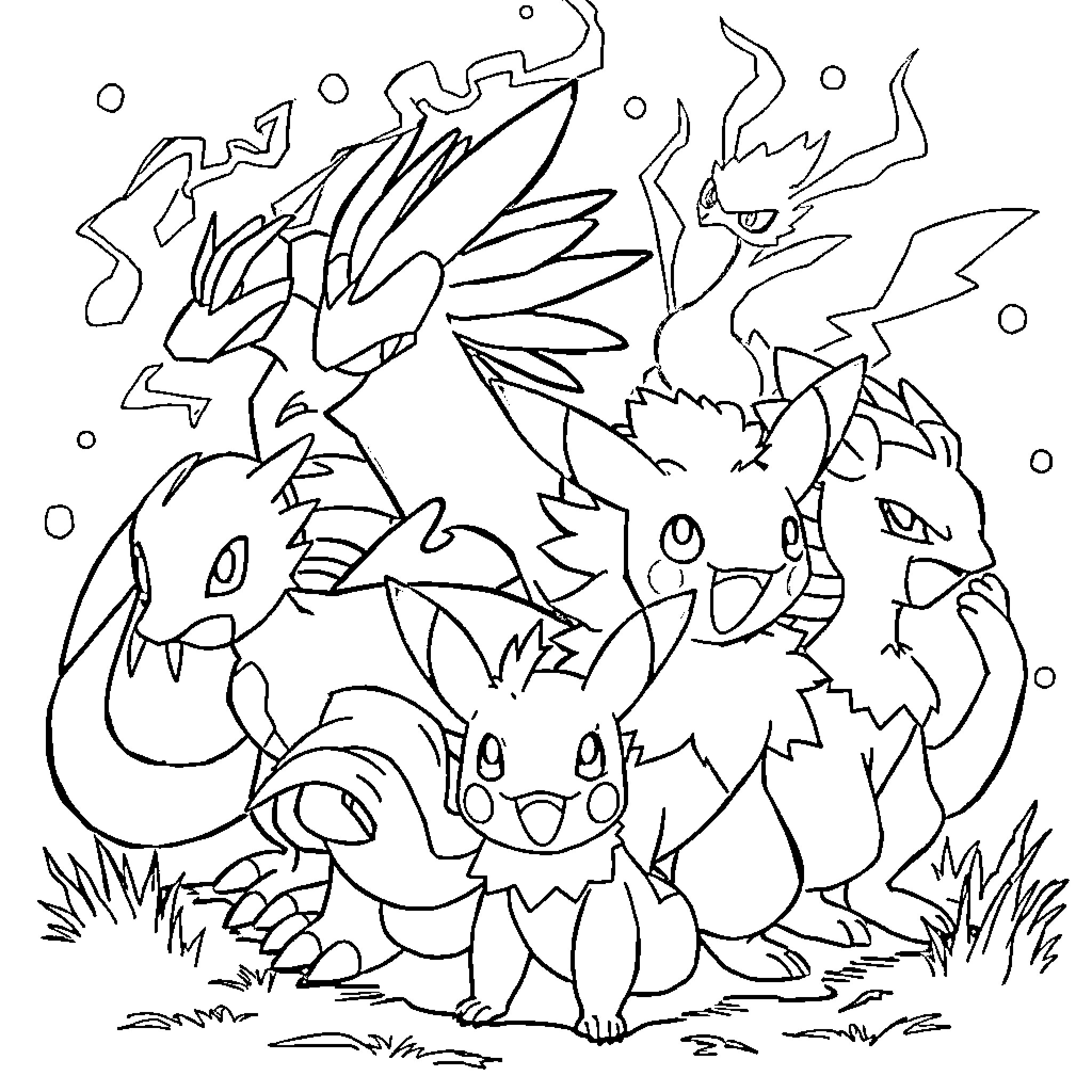 Pokémon Gathering in the Grass Coloring Page (free black-and-white line drawing printable PDF for all, from beginners to advanced learners, including children, teens, adults, and seniors)