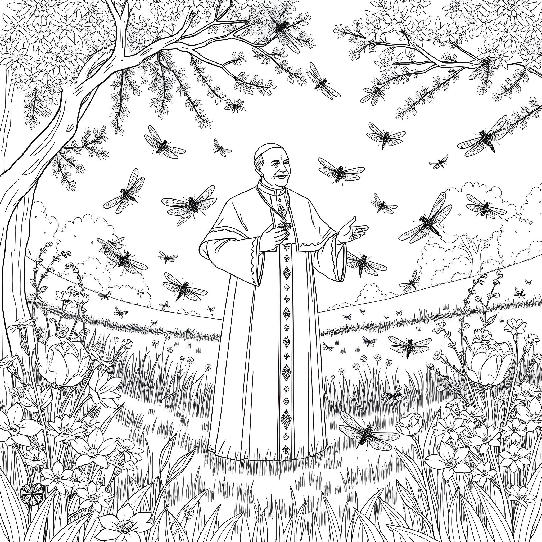 Papa Emeritus in a lush, flowery woodland Coloring Page (free black-and-white line drawing printable PDF for all, from beginners to advanced learners, including children, teens, adults, and seniors)