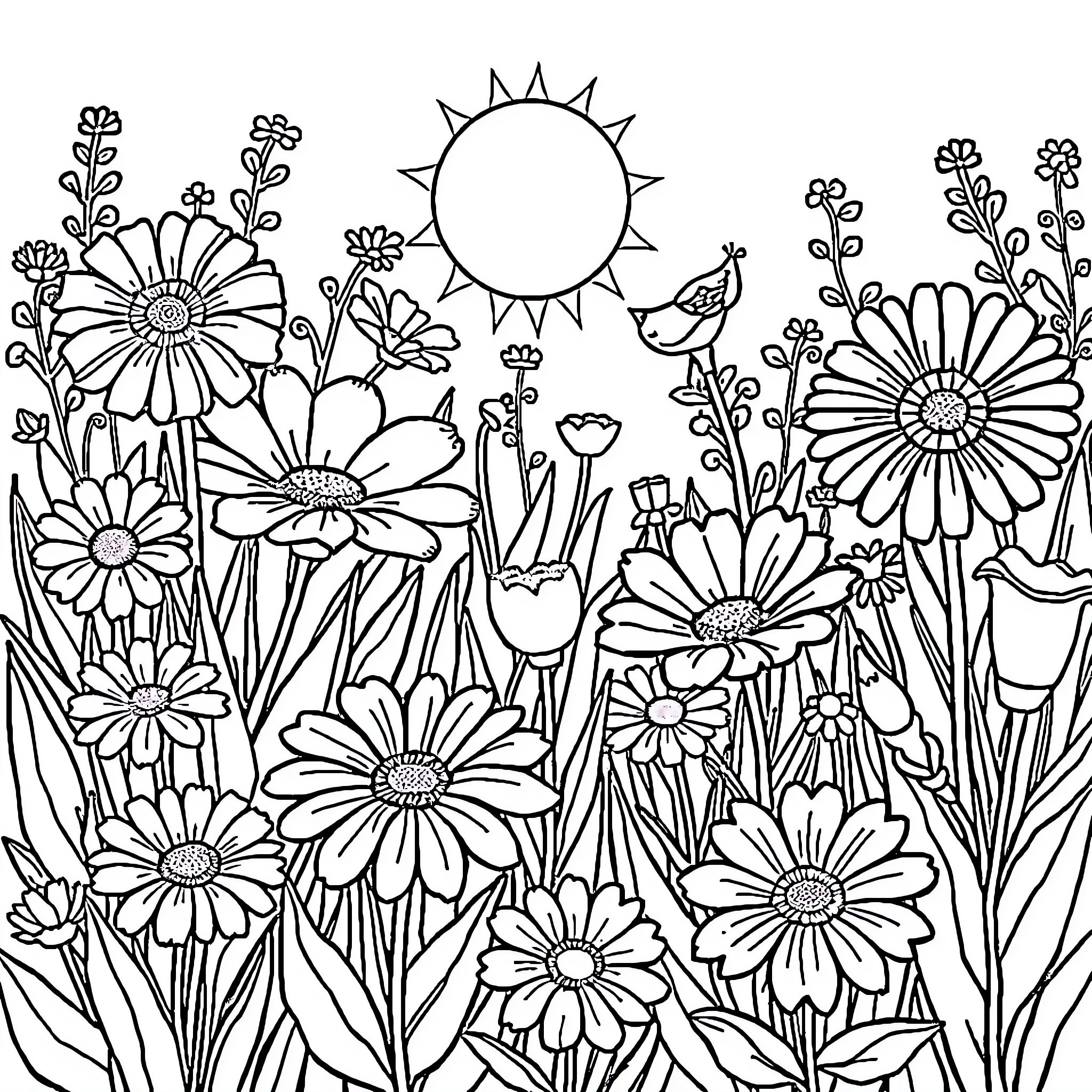 Flower Garden in Bloom Under the Sun Coloring Page (free black-and-white line drawing printable PDF for all, from beginners to advanced learners, including children, teens, adults, and seniors)