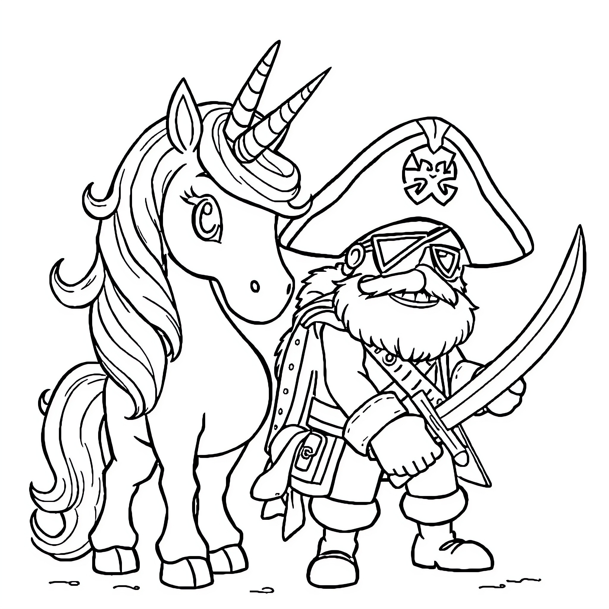 Unicorn pirate and its adventurous companion Coloring Page (free black-and-white line drawing printable PDF for all, from beginners to advanced learners, including children, teens, adults, and seniors)