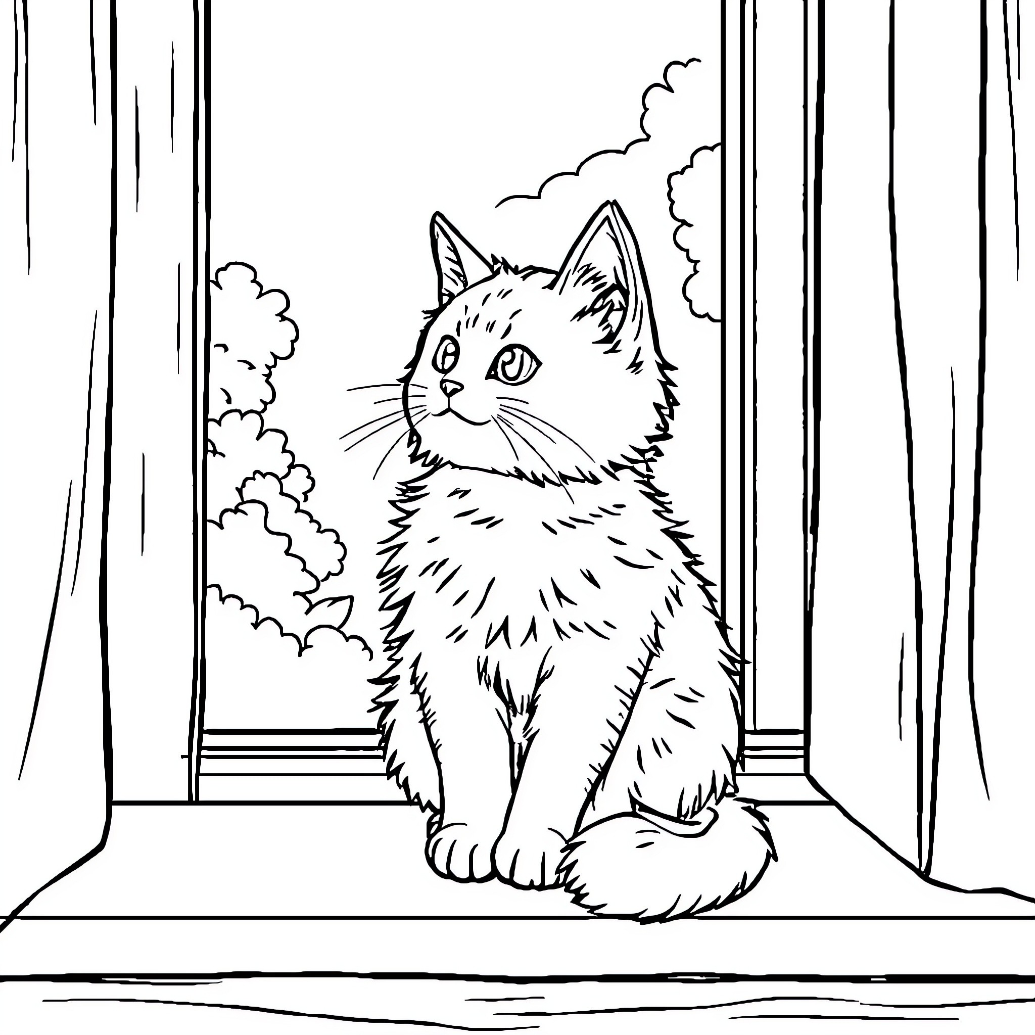 Cat gazing curiously through window Coloring Page (free black-and-white line drawing printable PDF for all, from beginners to advanced learners, including children, teens, adults, and seniors)