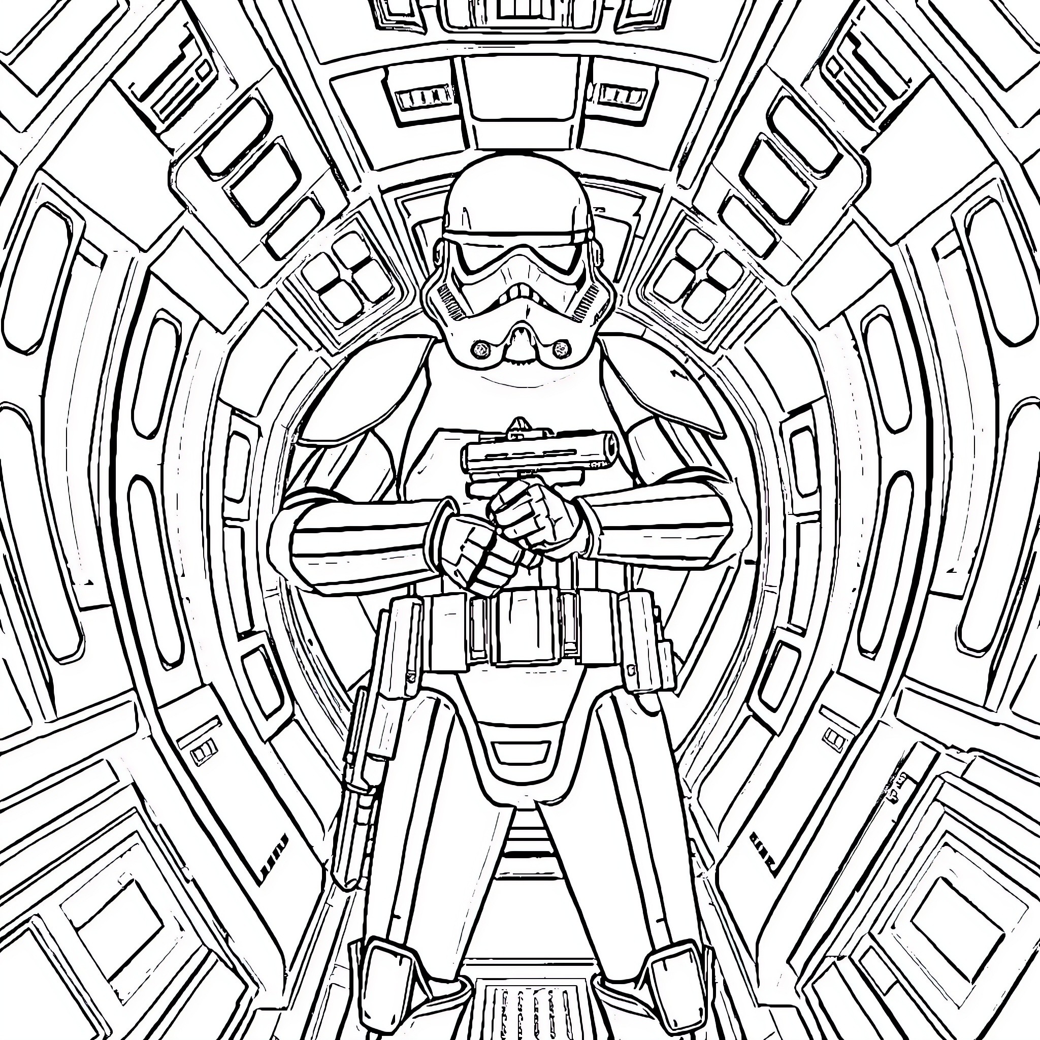 Stormtrooper standing guard in a futuristic hallway Coloring Page (free black-and-white line drawing printable PDF for all, from beginners to advanced learners, including children, teens, adults, and seniors)
