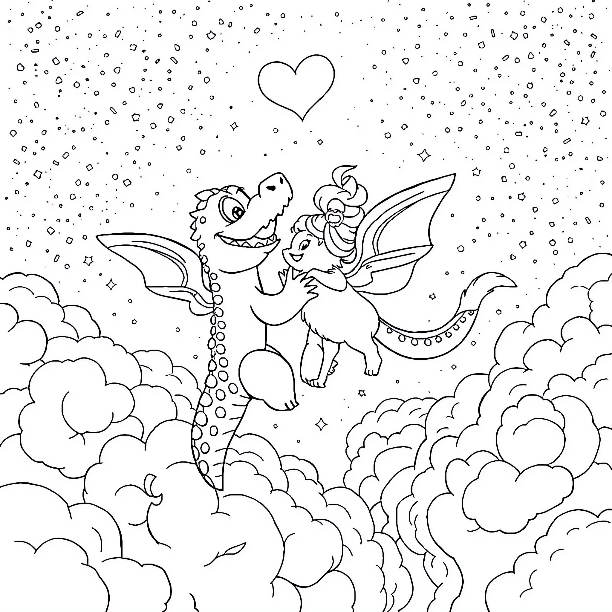 Krokmou soaring through the clouds with a friend Coloring Page (free black-and-white line drawing printable PDF for all, from beginners to advanced learners, including children, teens, adults, and seniors)