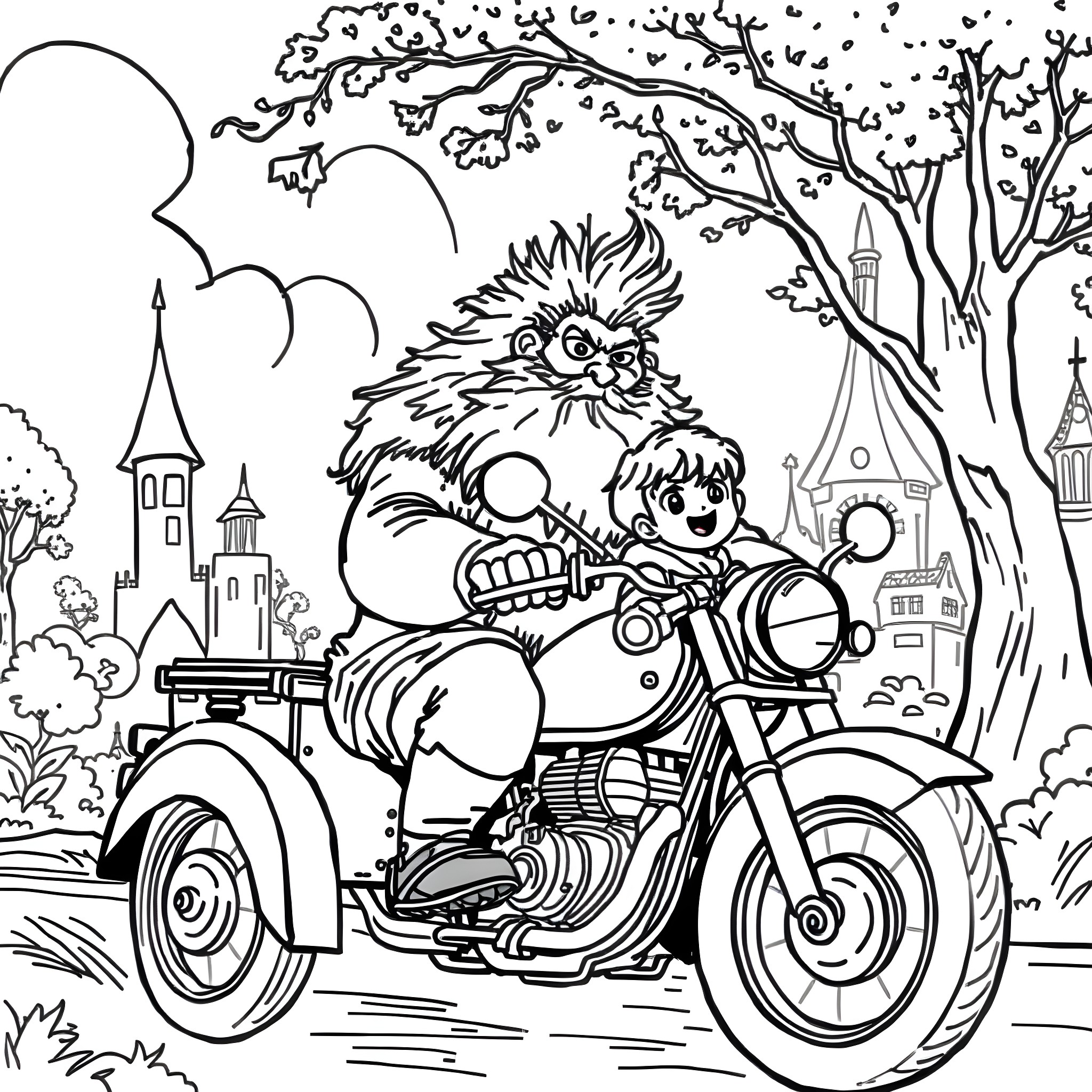 Hagrid riding a motorcycle through the enchanted forest Coloring Page (free black-and-white line drawing printable PDF for all, from beginners to advanced learners, including children, teens, adults, and seniors)