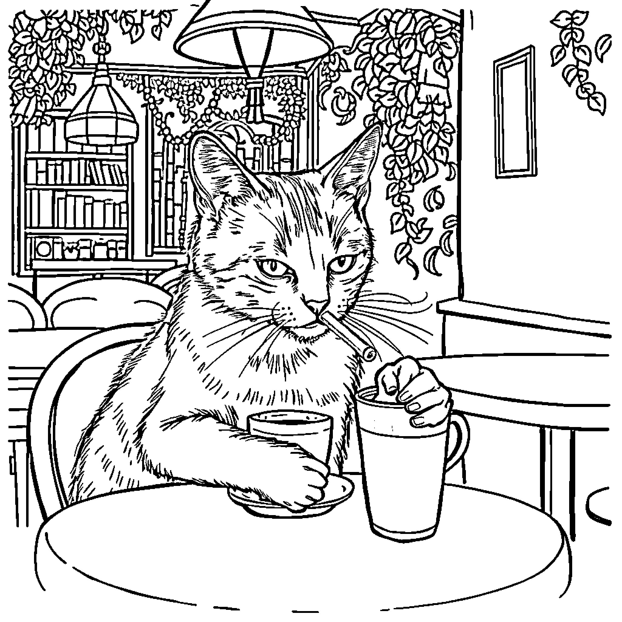 Cat relaxing with a cup in a cozy indoor setting Coloring Page (free black-and-white line drawing printable PDF for all, from beginners to advanced learners, including children, teens, adults, and seniors)