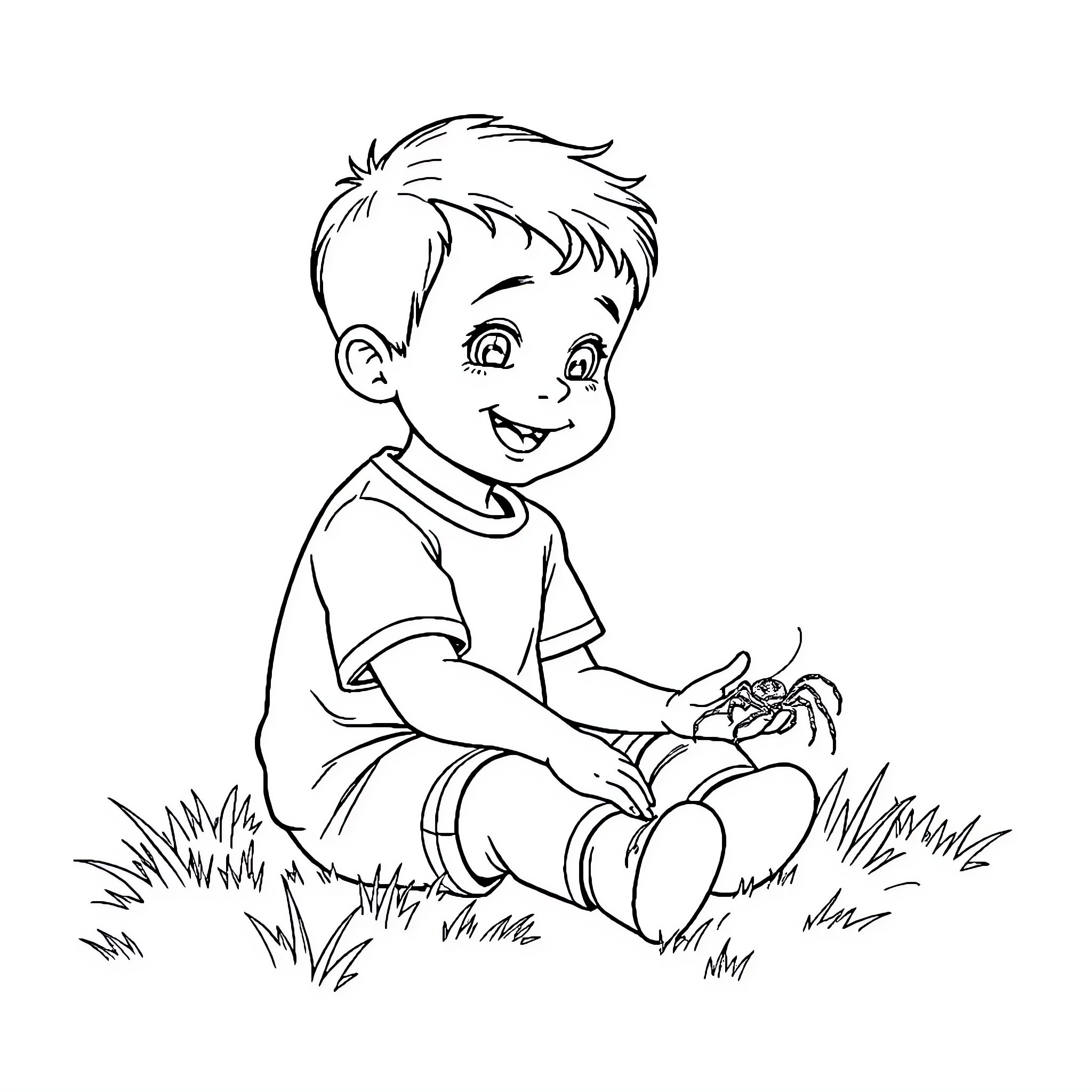 Boy playing happily with toys in the grass Coloring Page (free black-and-white line drawing printable PDF for all, from beginners to advanced learners, including children, teens, adults, and seniors)