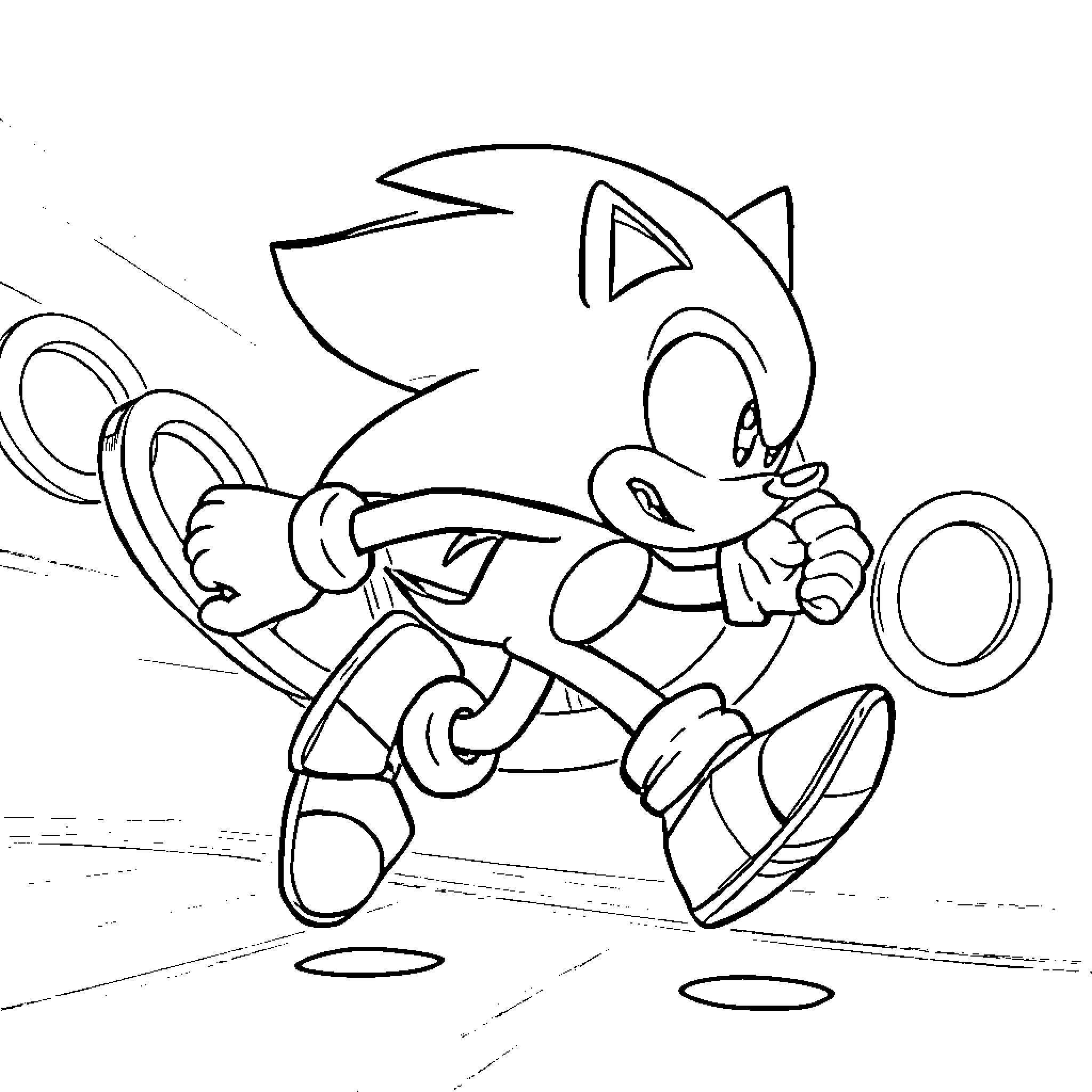 Sonic racing through the track Coloring Page (free black-and-white line drawing printable PDF for all, from beginners to advanced learners, including children, teens, adults, and seniors)