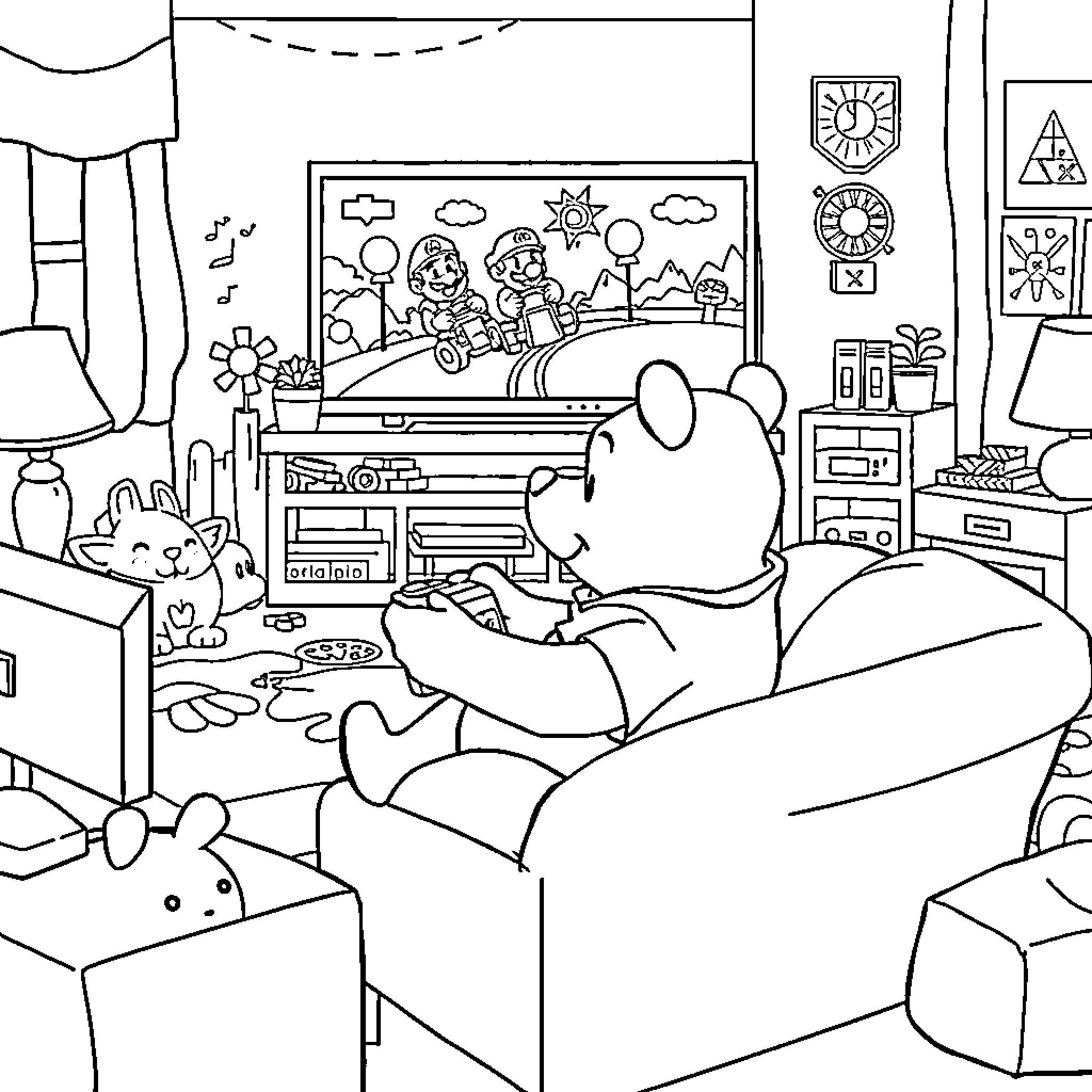 Winnie The Pooh relaxing at home with friends Coloring Page (free black-and-white line drawing printable PDF for all, from beginners to advanced learners, including children, teens, adults, and seniors)
