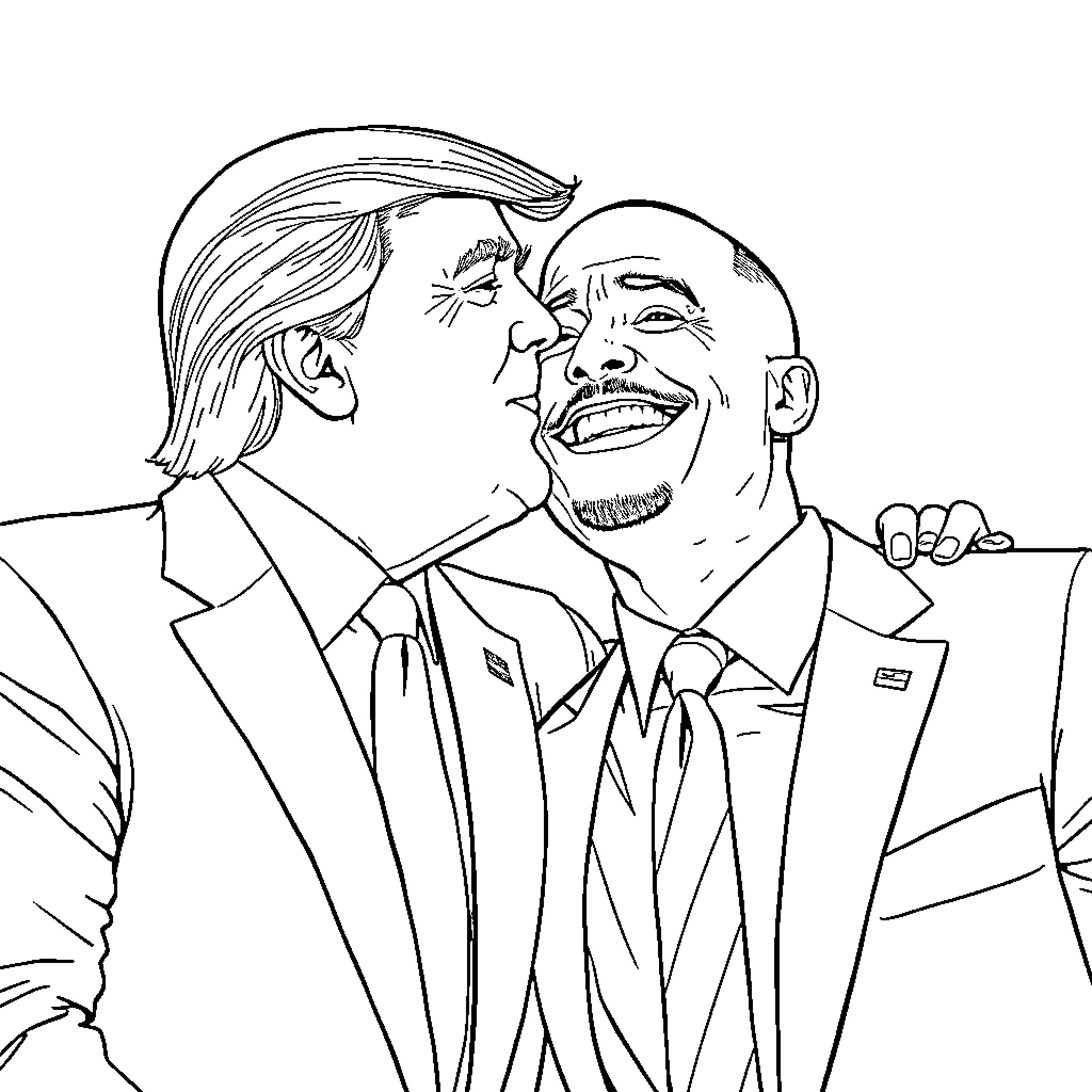 Trump Interacting with Barack Obama in Caricature Drawing Coloring Page (free black-and-white line drawing printable PDF for all, from beginners to advanced learners, including children, teens, adults, and seniors)
