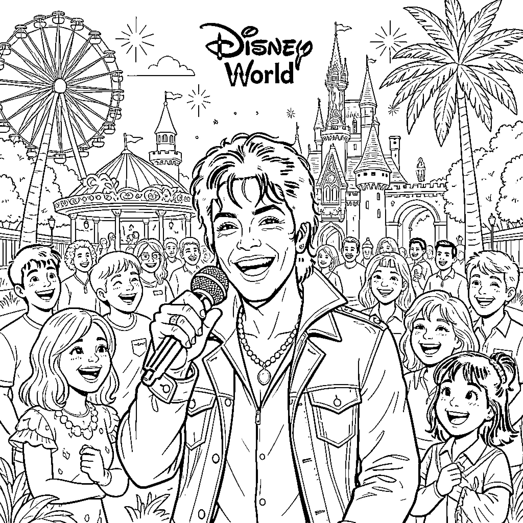 Michael Jackson singing joyfully with a crowd of fans Coloring Page (free black-and-white line drawing printable PDF for all, from beginners to advanced learners, including children, teens, adults, and seniors)