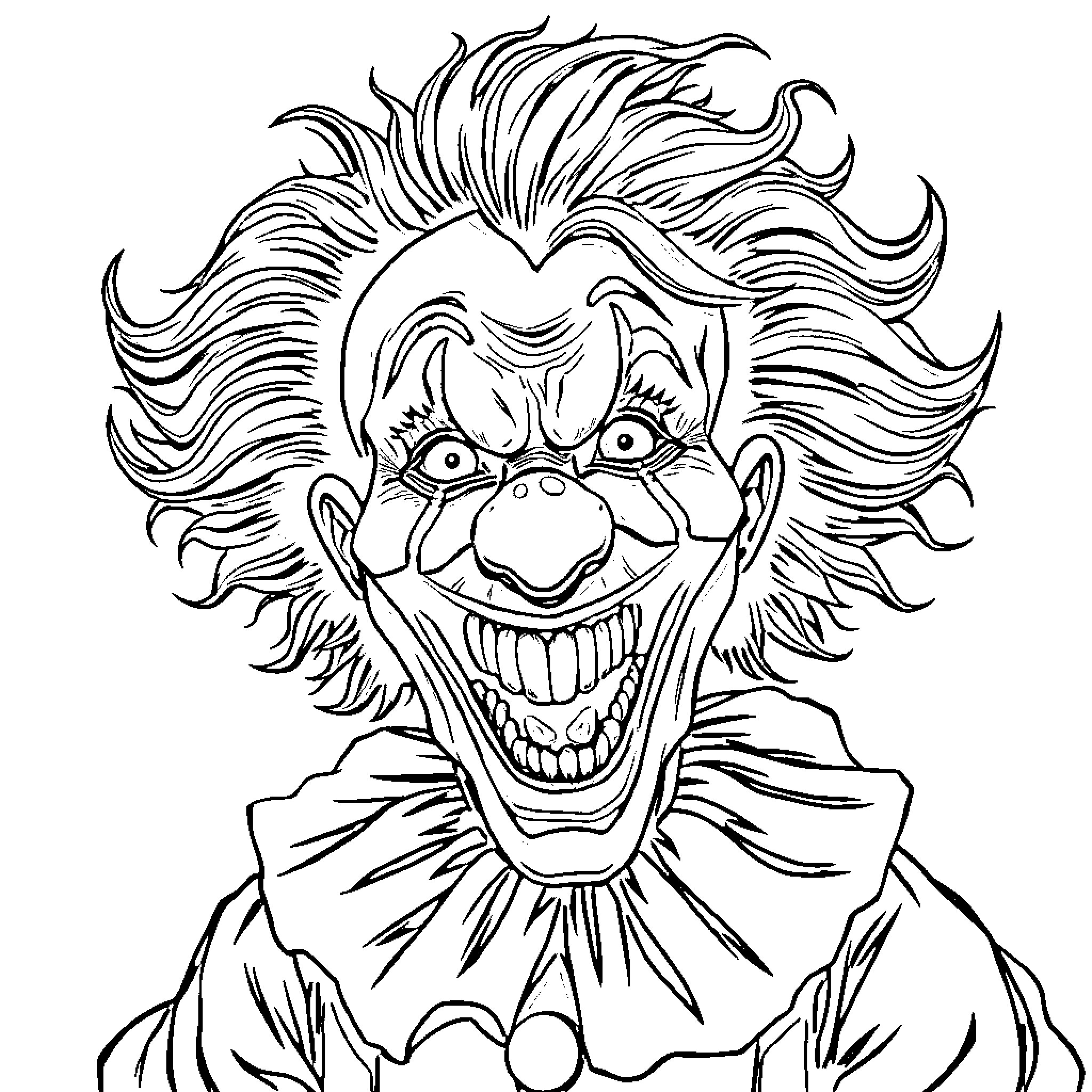 Clown with an ominous grin and wild hairstyle Coloring Page (free black-and-white line drawing printable PDF for all, from beginners to advanced learners, including children, teens, adults, and seniors)