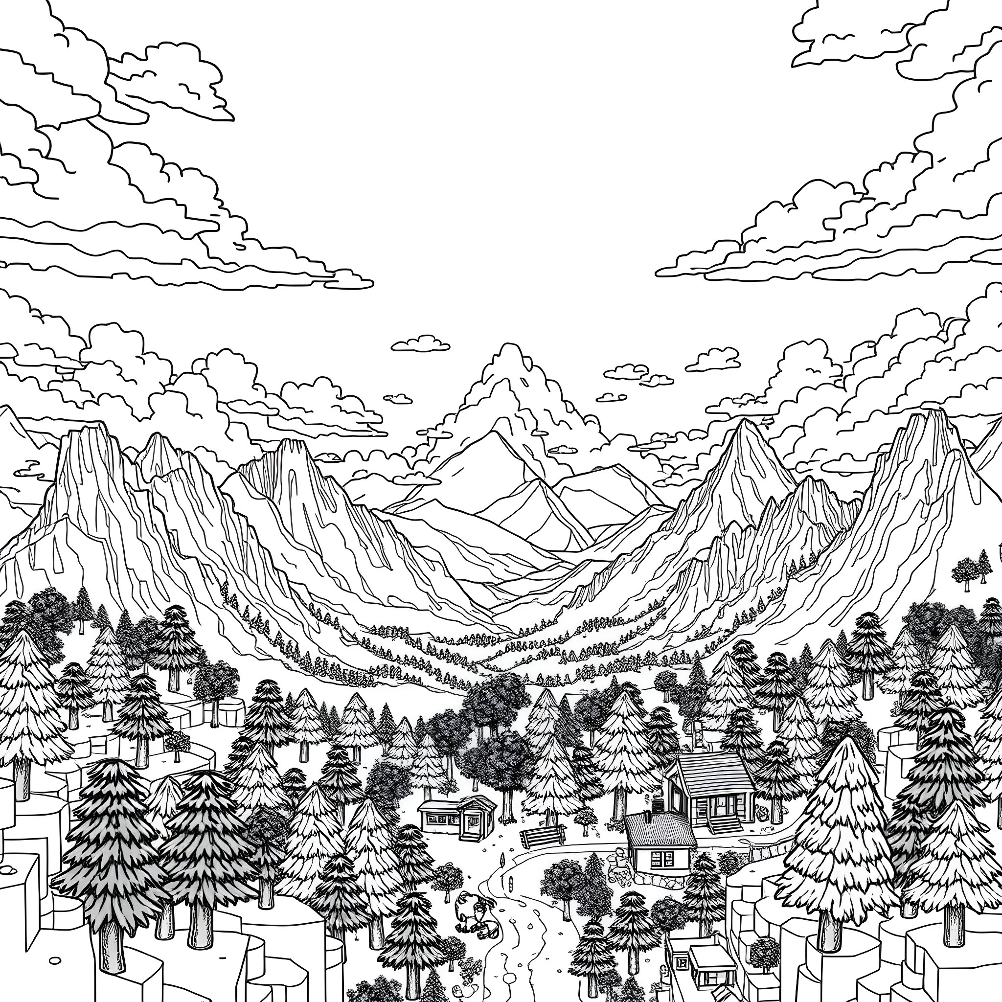 Minecraft Mountainous Landscape with Village Coloring Page (free black-and-white line drawing printable PDF for all, from beginners to advanced learners, including children, teens, adults, and seniors)