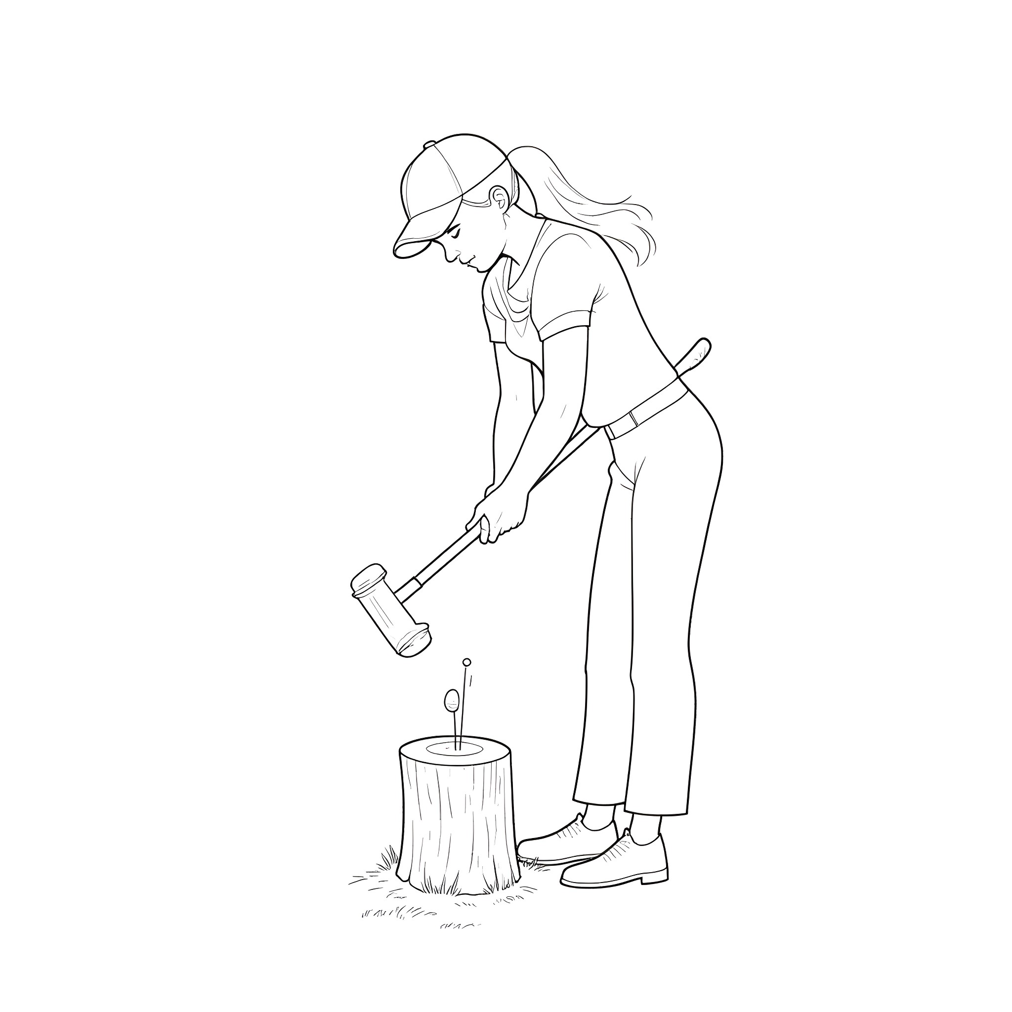 Golfer chopping wood with axe near tree stump Coloring Page (free black-and-white line drawing printable PDF for all, from beginners to advanced learners, including children, teens, adults, and seniors)