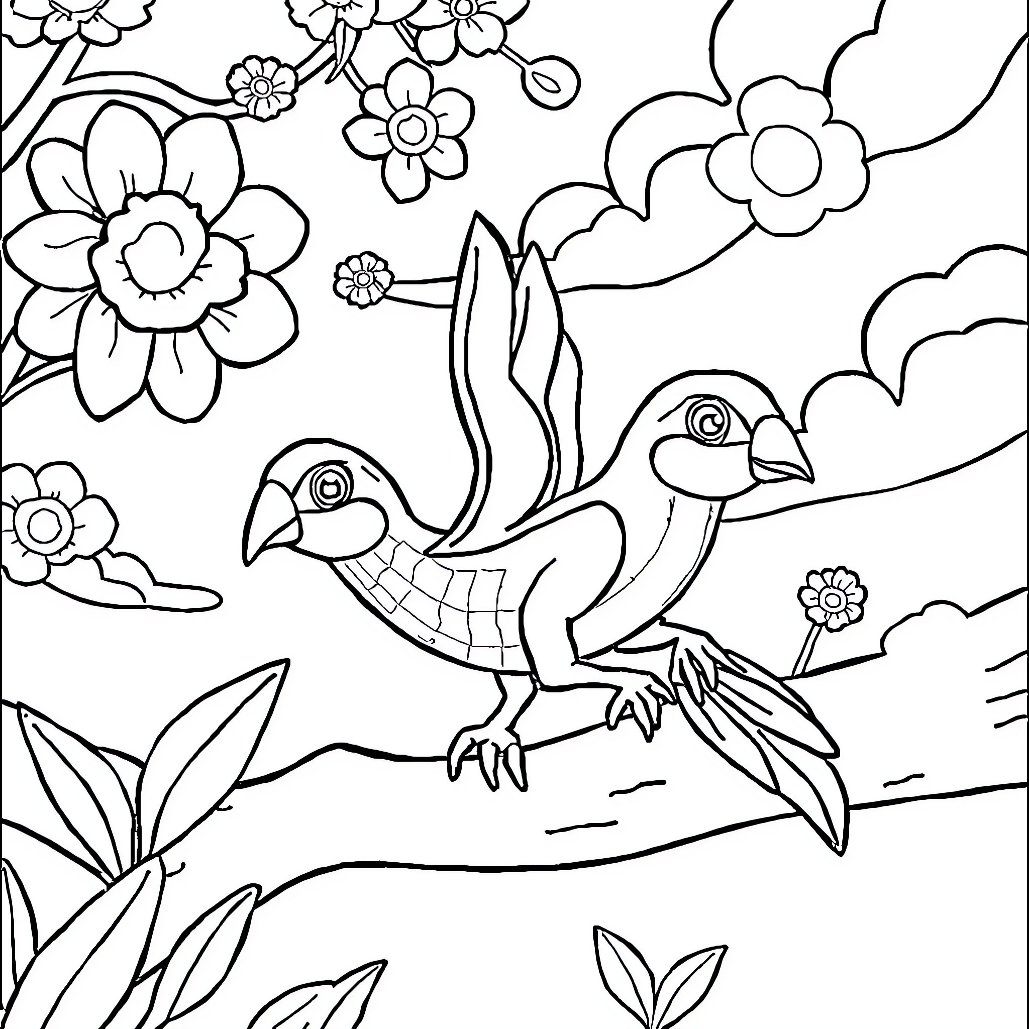 Animal with colorful flowers and clouds Coloring Page (free black-and-white line drawing printable PDF for all, from beginners to advanced learners, including children, teens, adults, and seniors)