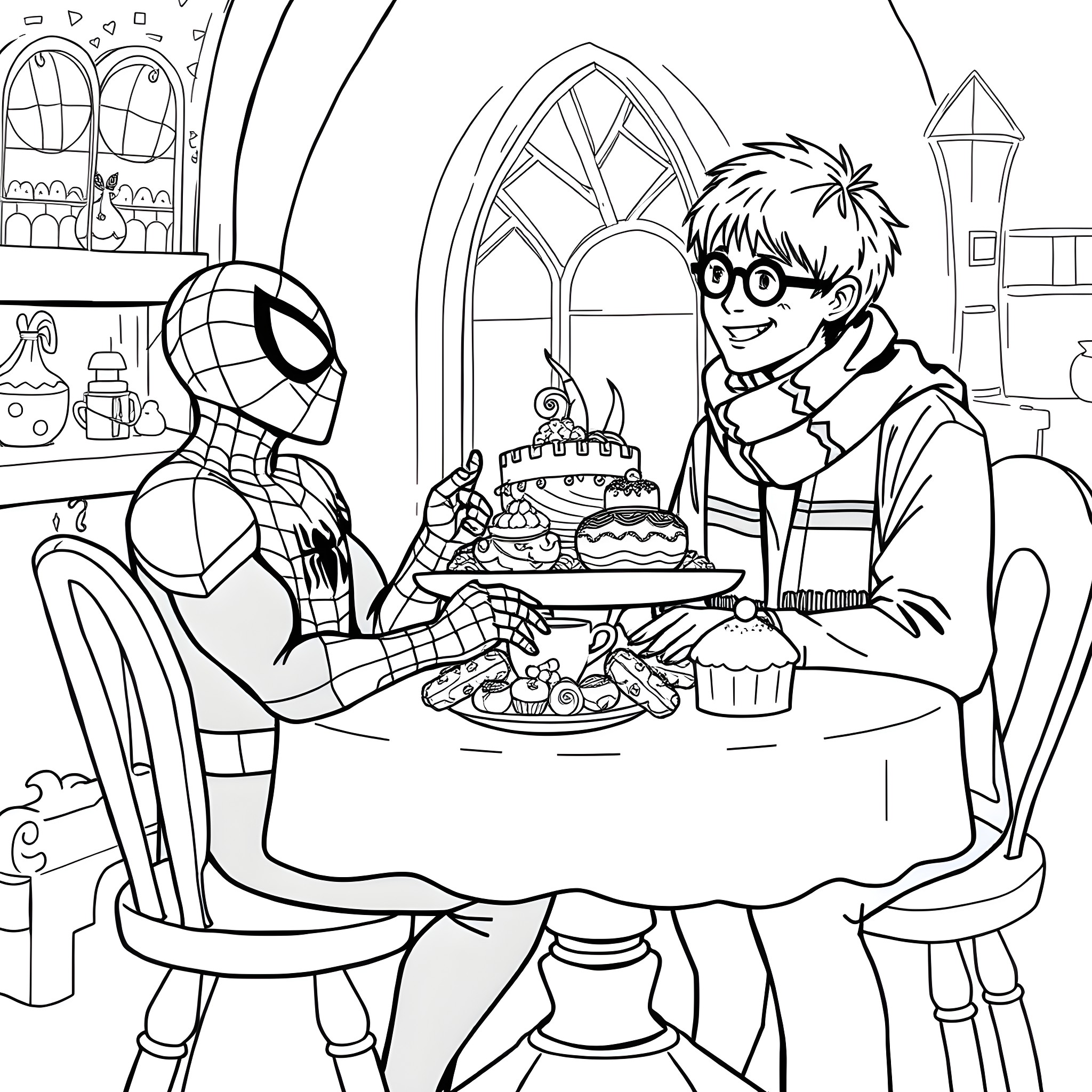 Spider-Man Celebrating a Birthday Party with a Friend Coloring Page (free black-and-white line drawing printable PDF for all, from beginners to advanced learners, including children, teens, adults, and seniors)