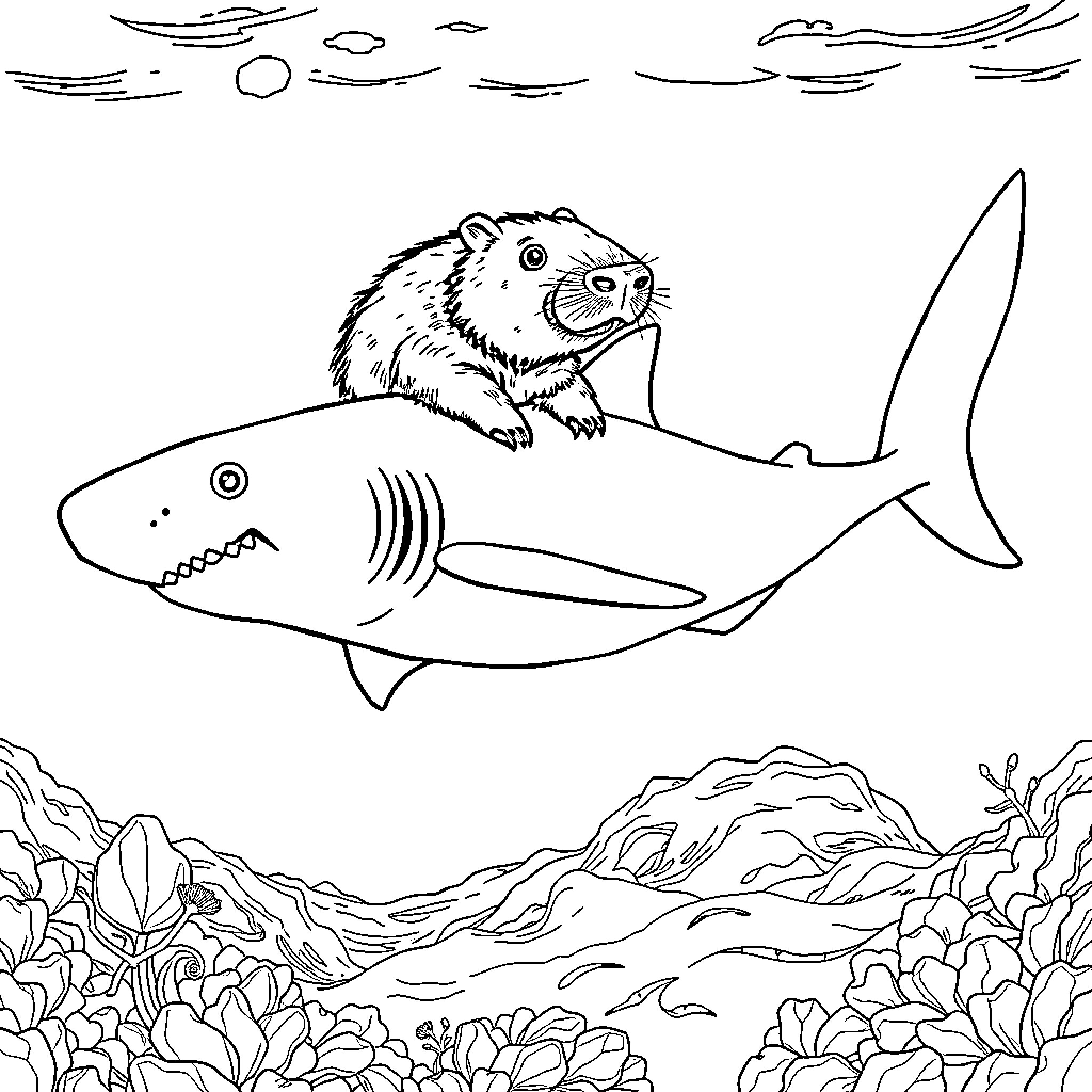 Capybara hitching a ride on a shark Coloring Page (free black-and-white line drawing printable PDF for all, from beginners to advanced learners, including children, teens, adults, and seniors)