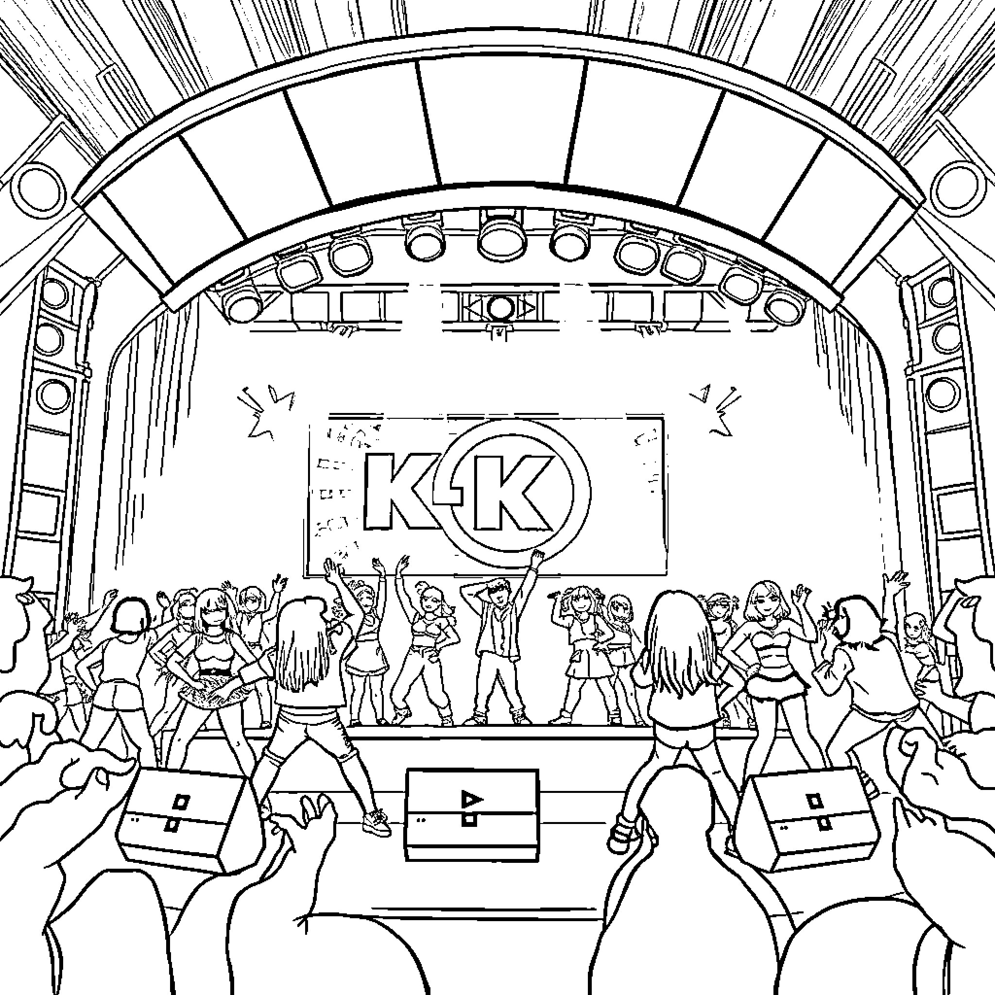 K Pop Performers on Stage with Cheering Crowd Coloring Page (free black-and-white line drawing printable PDF for all, from beginners to advanced learners, including children, teens, adults, and seniors)