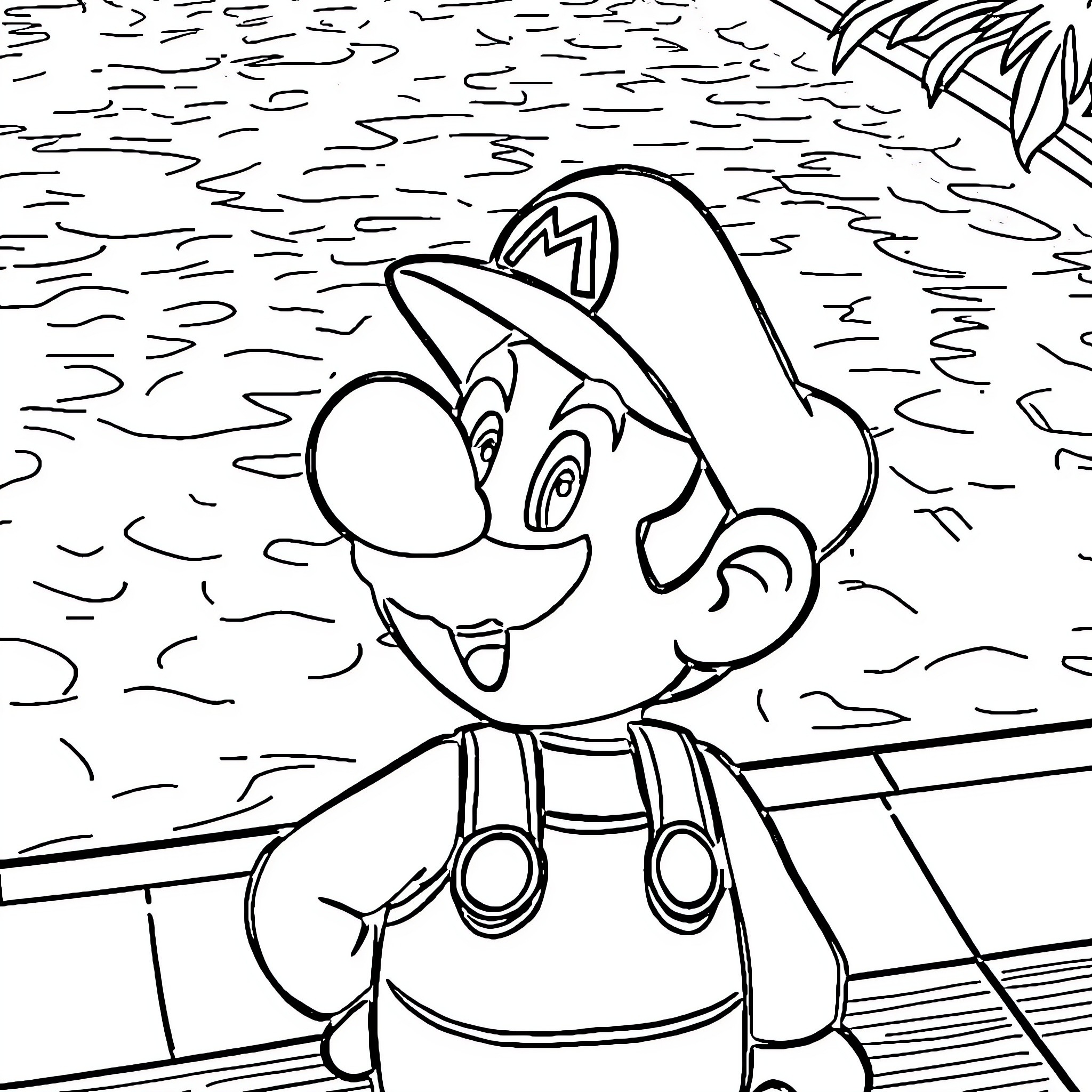 Mario's Aquatic Adventure Coloring Page (free black-and-white line drawing printable PDF for all, from beginners to advanced learners, including children, teens, adults, and seniors)
