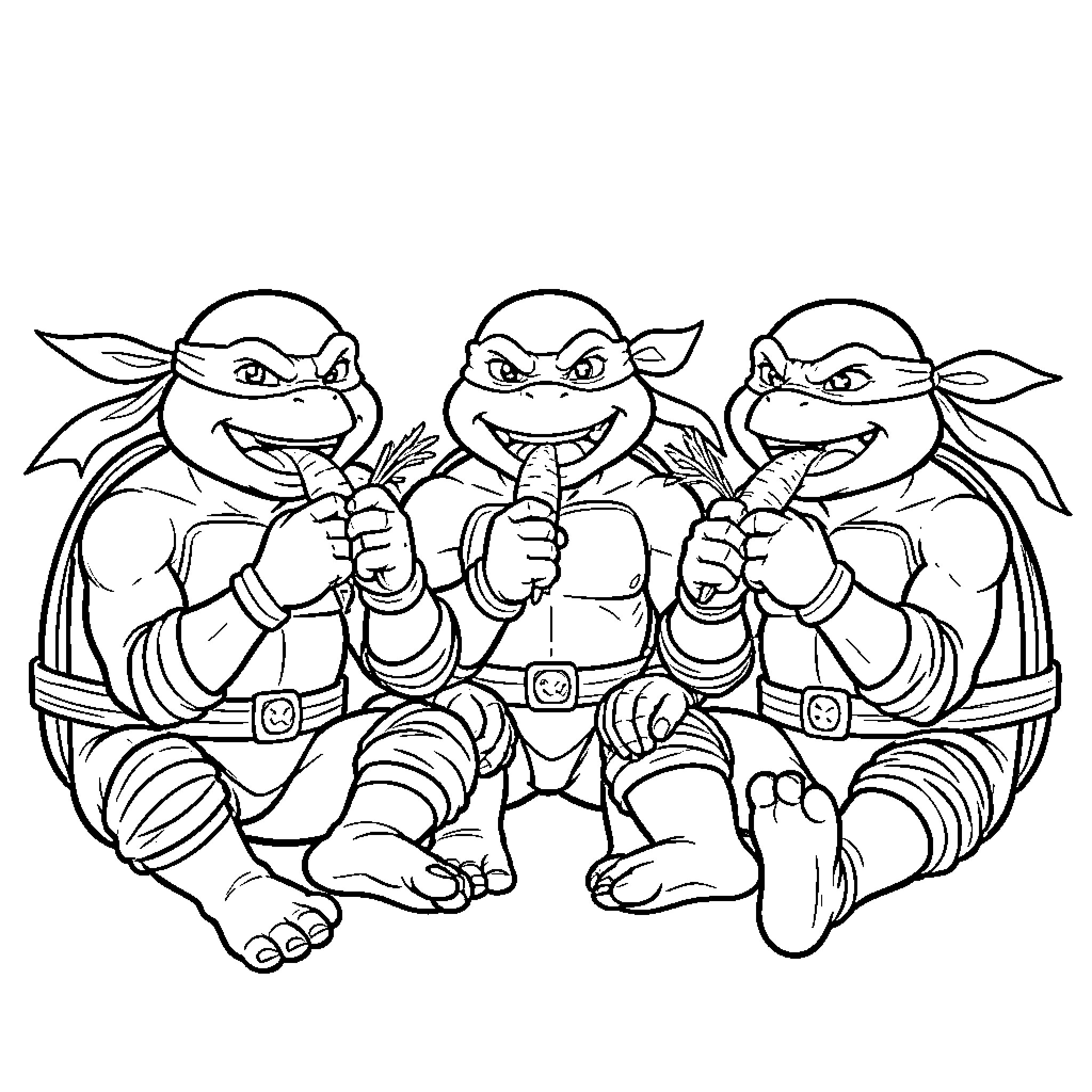 Teenage Mutant Ninja Turtles eating large carrots together Coloring Page (free black-and-white line drawing printable PDF for all, from beginners to advanced learners, including children, teens, adults, and seniors)