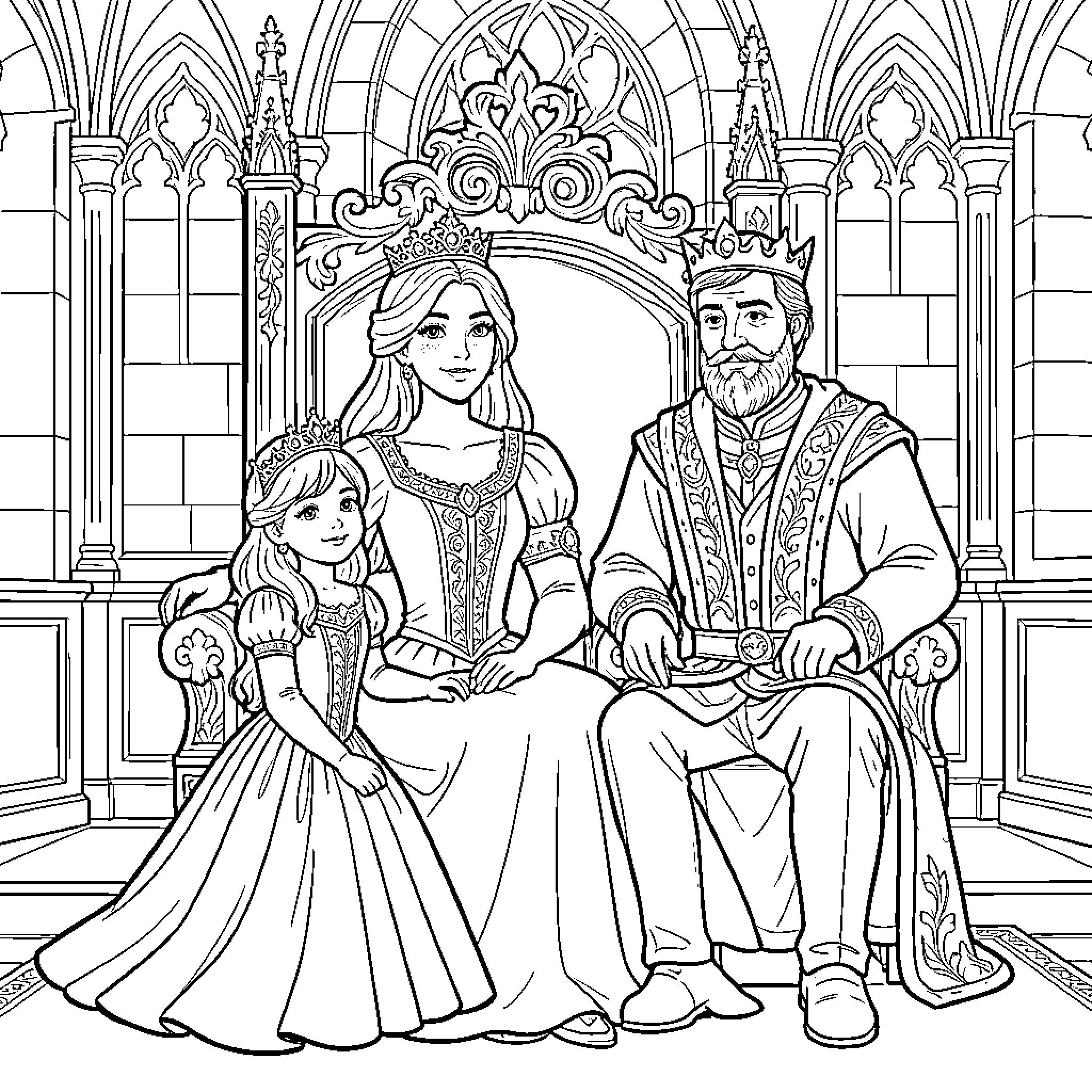 Reine and king sitting together in a palace Coloring Page (free black-and-white line drawing printable PDF for all, from beginners to advanced learners, including children, teens, adults, and seniors)