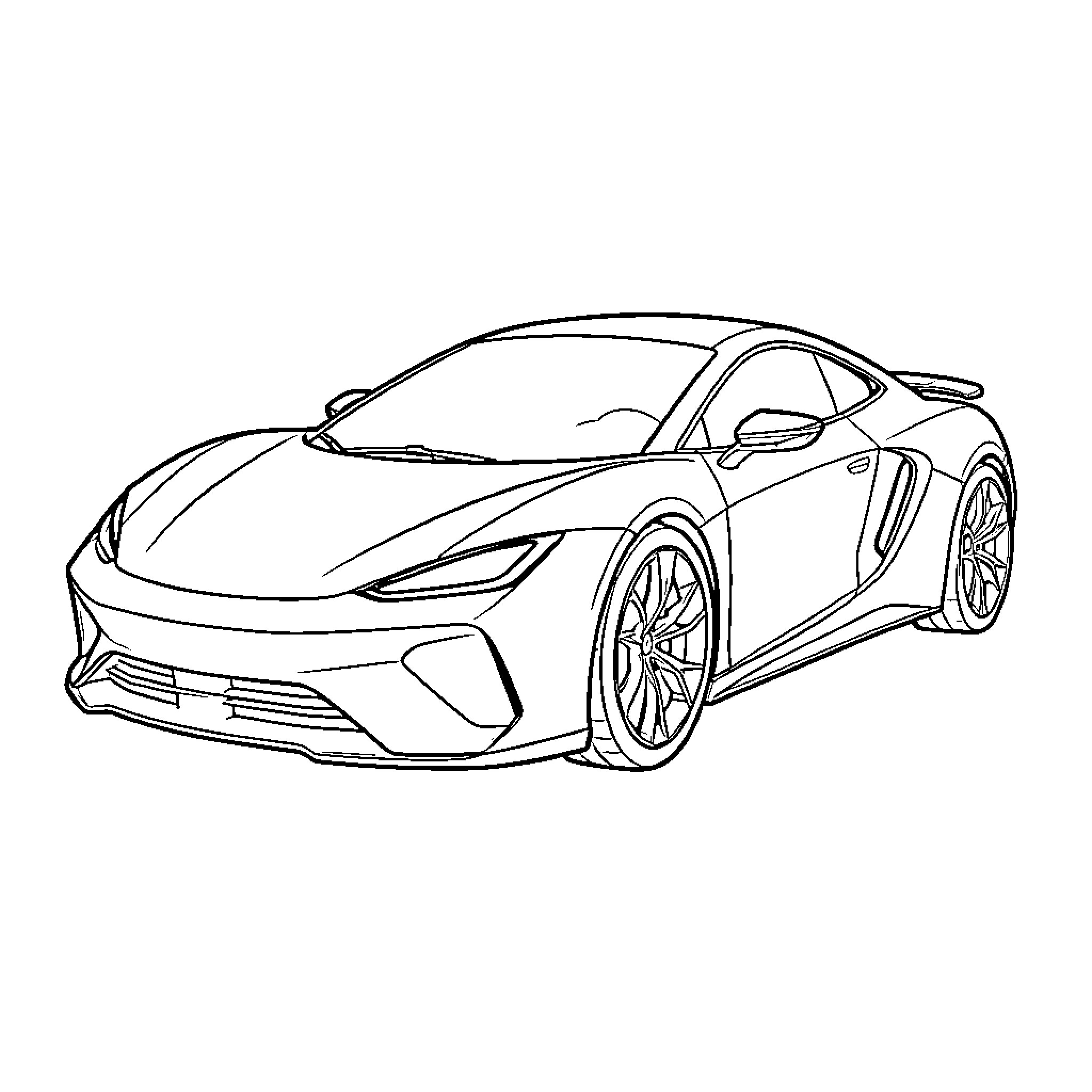 Futuristic Car parked in a sleek studio setting Coloring Page (free black-and-white line drawing printable PDF for all, from beginners to advanced learners, including children, teens, adults, and seniors)