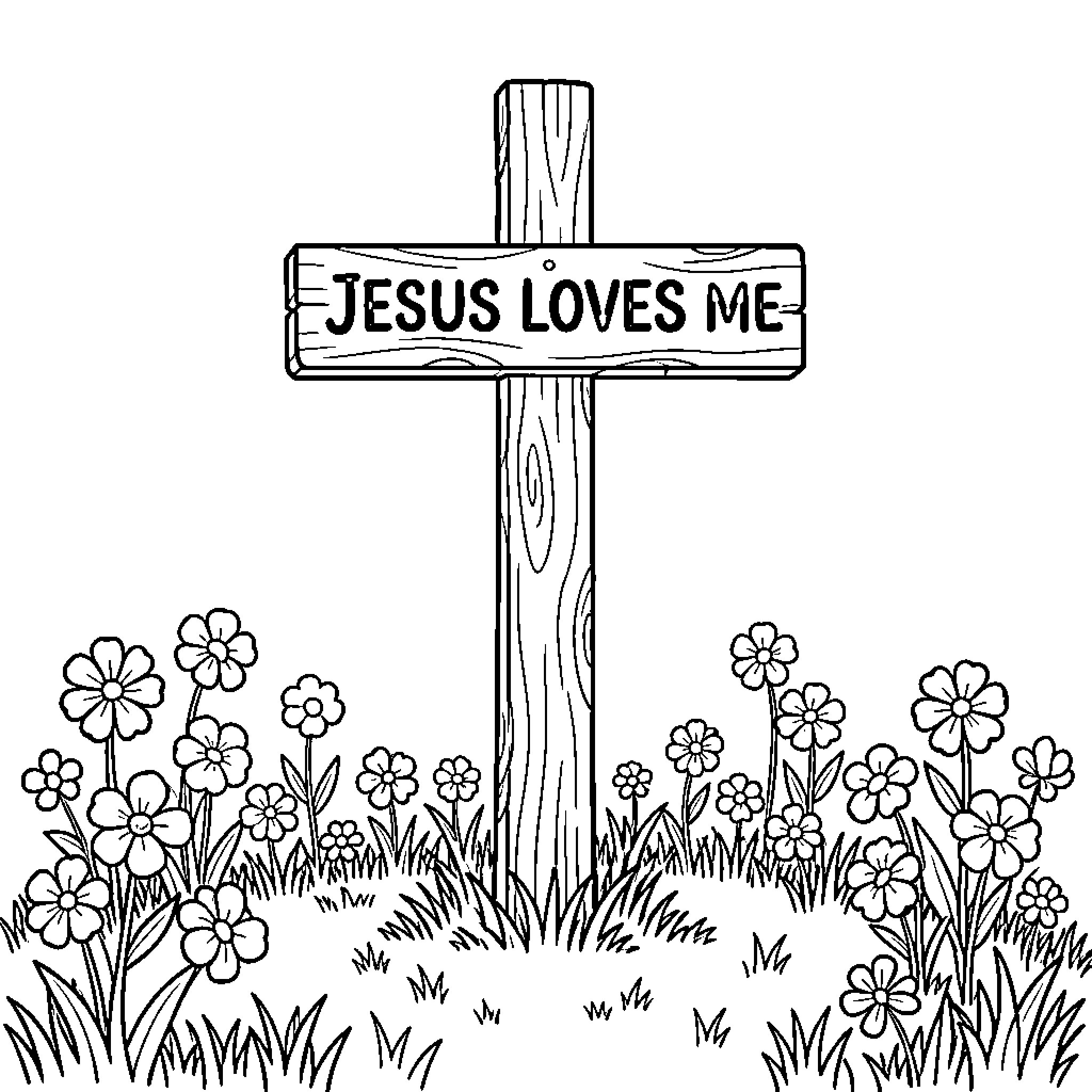 Cross standing in a field of flowers Coloring Page (free black-and-white line drawing printable PDF for all, from beginners to advanced learners, including children, teens, adults, and seniors)