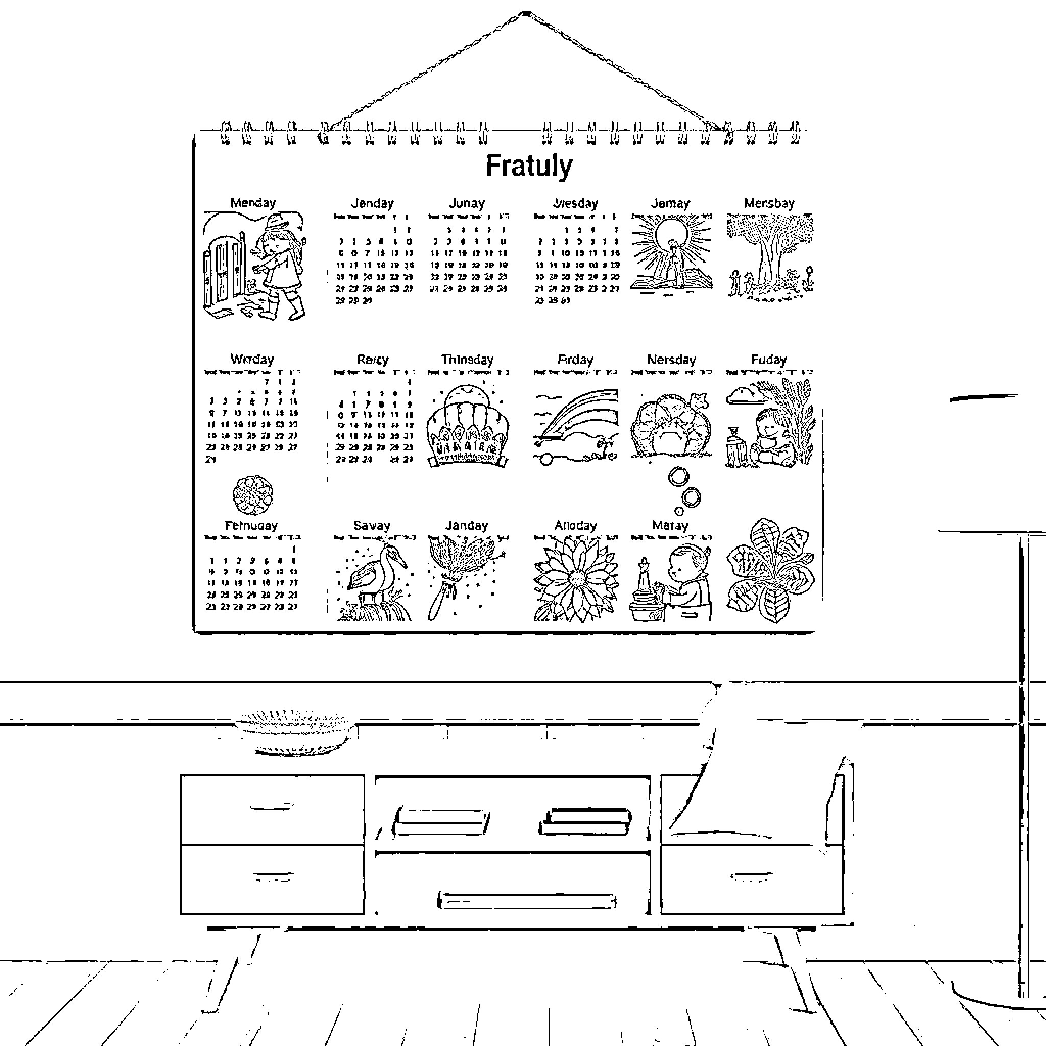 Calendar featuring whimsical monthly illustrations Coloring Page (free black-and-white line drawing printable PDF for all, from beginners to advanced learners, including children, teens, adults, and seniors)