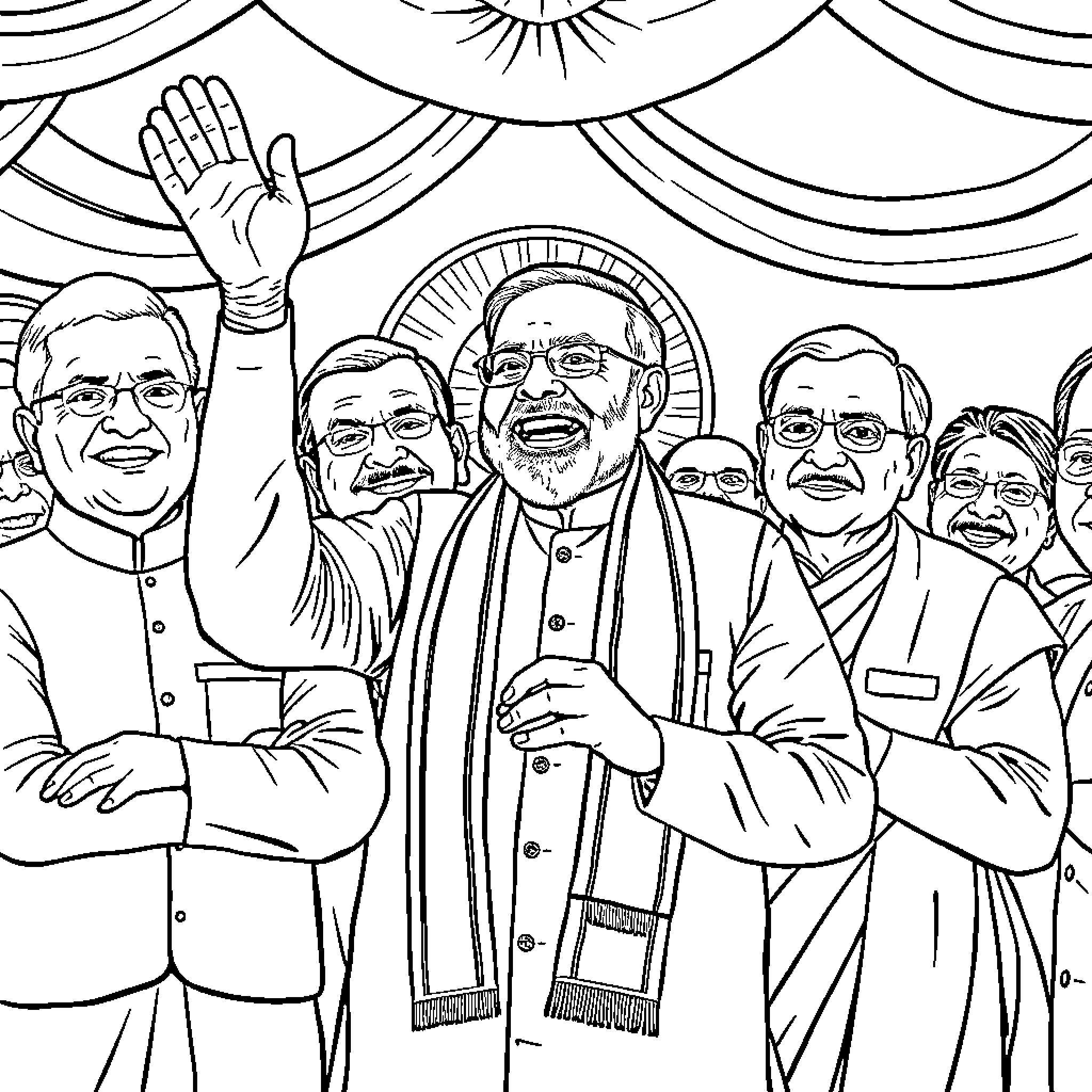 Modi Waving Alongside Political Figures in Formal Attire Coloring Page (free black-and-white line drawing printable PDF for all, from beginners to advanced learners, including children, teens, adults, and seniors)