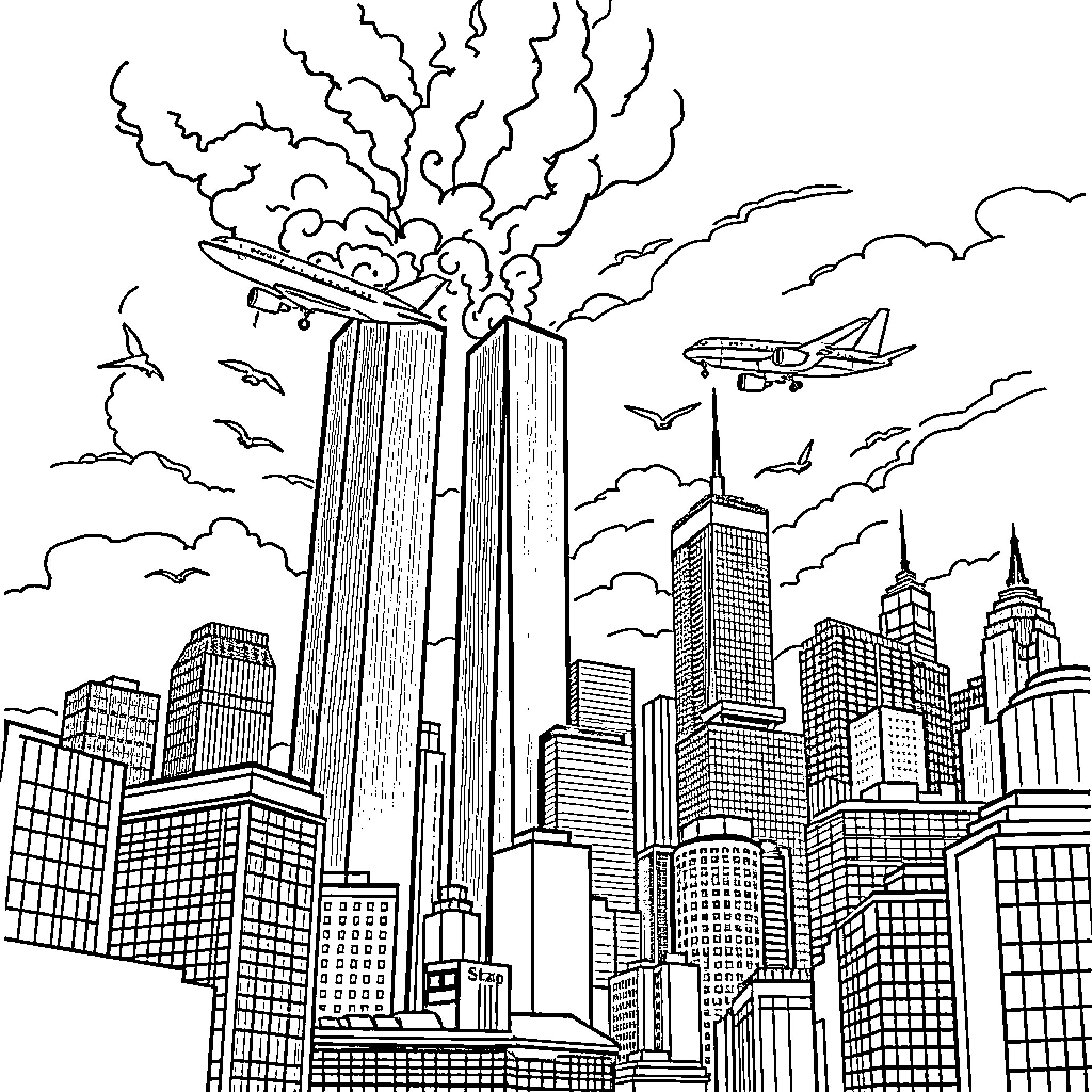 9/11 Tragedy: Scenes of Destruction and Resilience Coloring Page (free black-and-white line drawing printable PDF for all, from beginners to advanced learners, including children, teens, adults, and seniors)
