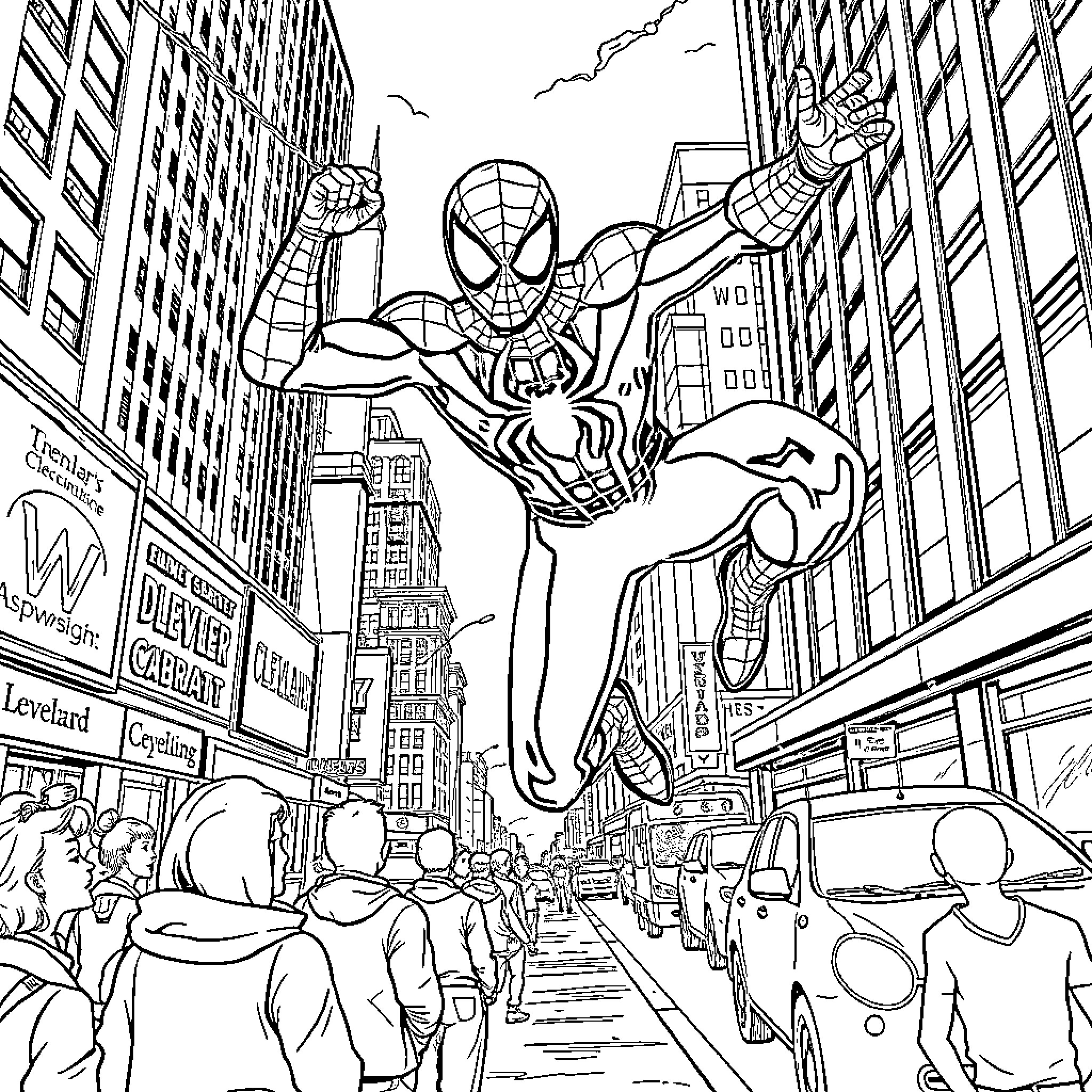 Spider-Man swinging through the city amid crowds Coloring Page (free black-and-white line drawing printable PDF for all, from beginners to advanced learners, including children, teens, adults, and seniors)