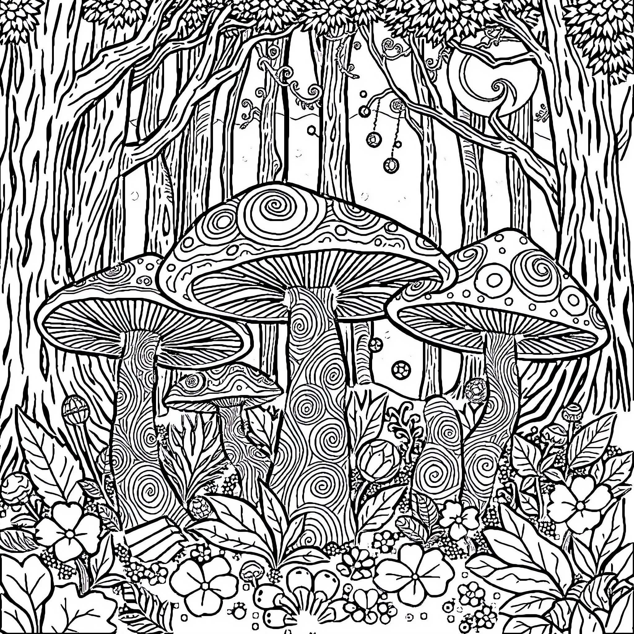 Mushroom Forest Enchantment Coloring Page (free black-and-white line drawing printable PDF for all, from beginners to advanced learners, including children, teens, adults, and seniors)