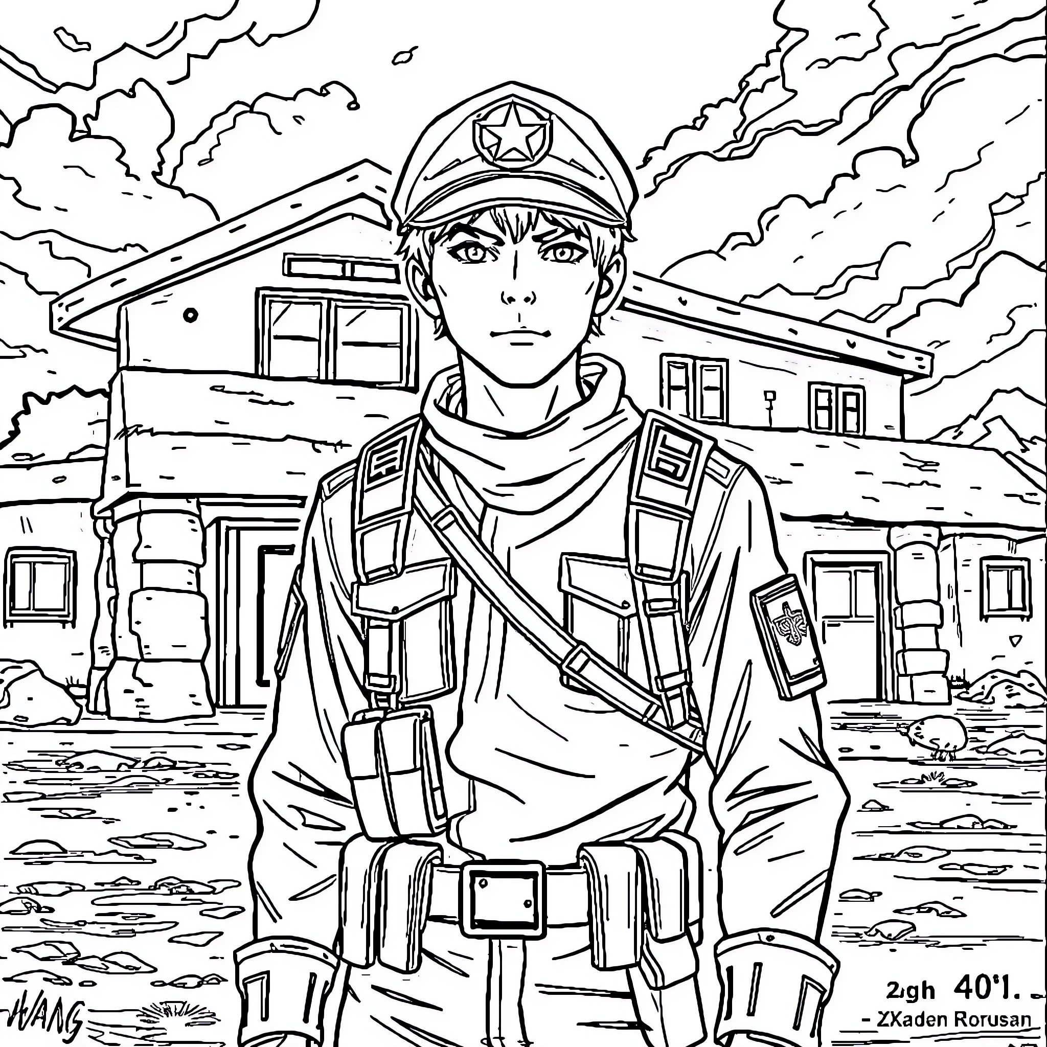 Xaden Riorson, a determined military officer standing guard Coloring Page (free black-and-white line drawing printable PDF for all, from beginners to advanced learners, including children, teens, adults, and seniors)