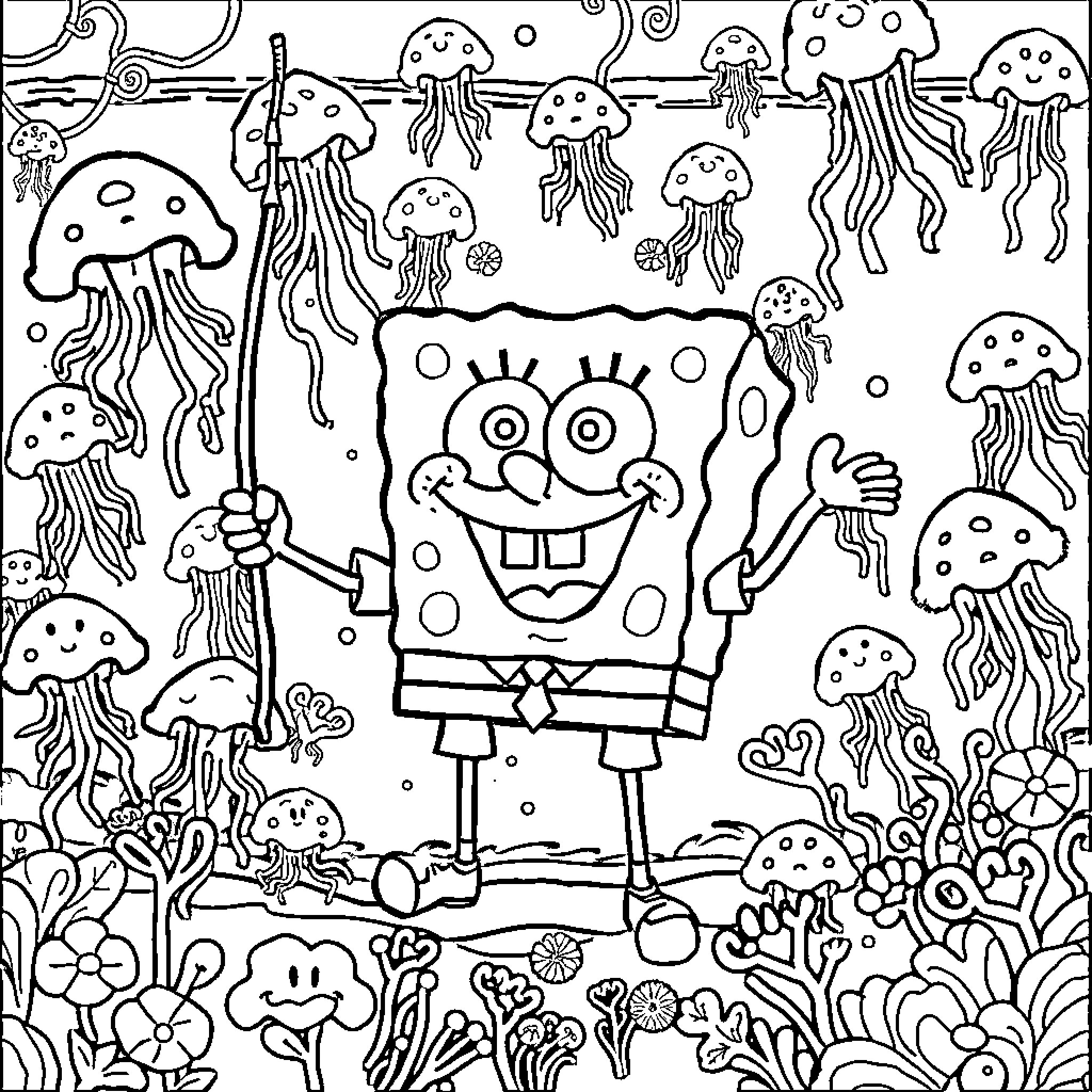 Spongebob frolicking among joyful jellyfish Coloring Page (free black-and-white line drawing printable PDF for all, from beginners to advanced learners, including children, teens, adults, and seniors)