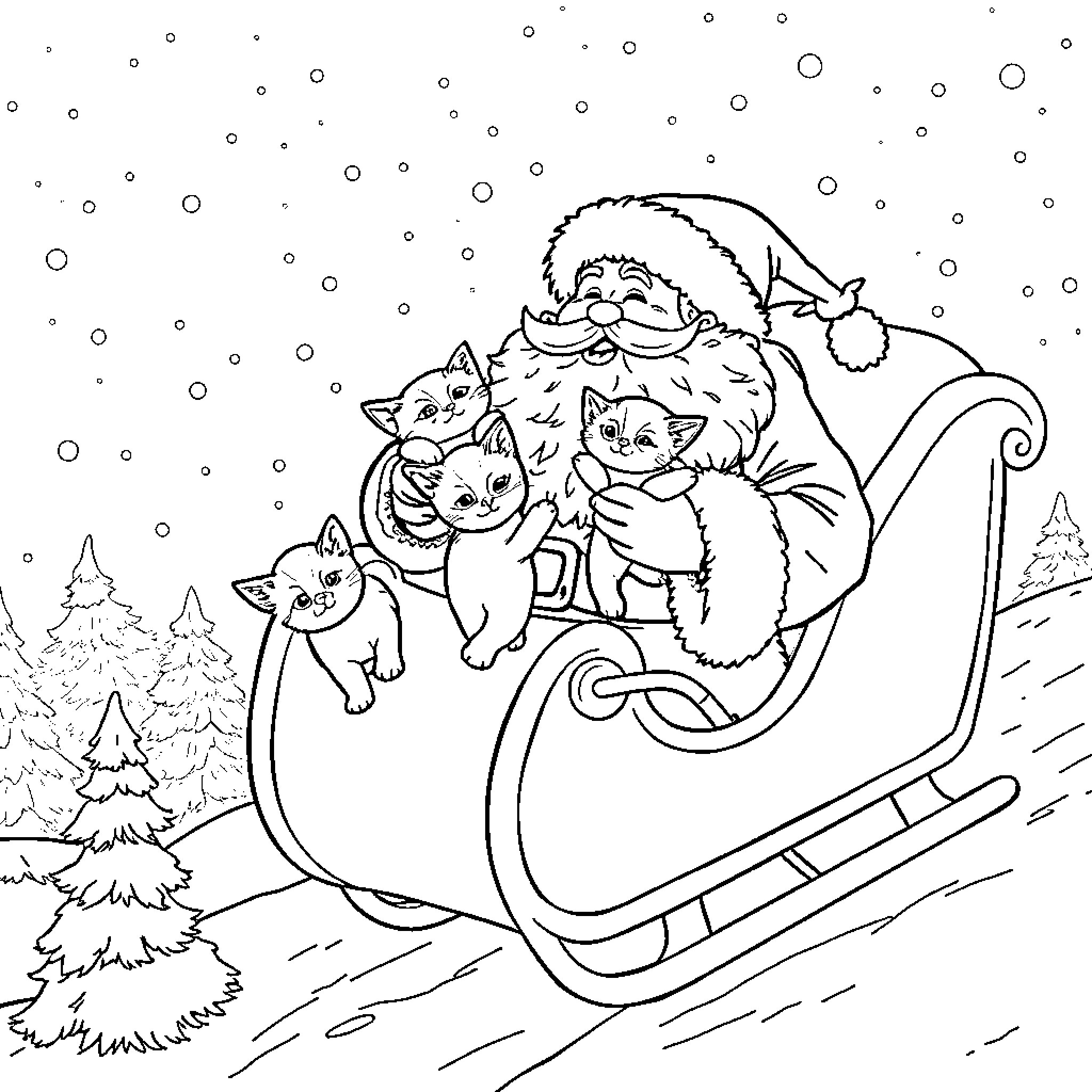Santa and Kittens Riding Sleigh in Snowy Landscape Coloring Page (free black-and-white line drawing printable PDF for all, from beginners to advanced learners, including children, teens, adults, and seniors)