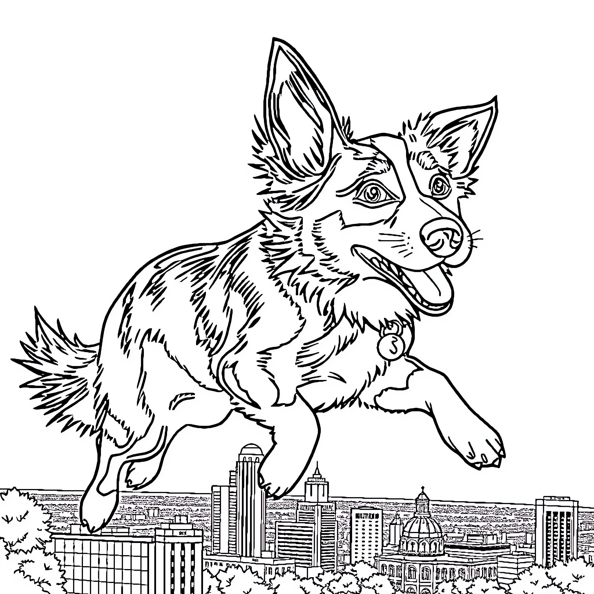 Blue Heeler exploring the city skyline Coloring Page (free black-and-white line drawing printable PDF for all, from beginners to advanced learners, including children, teens, adults, and seniors)