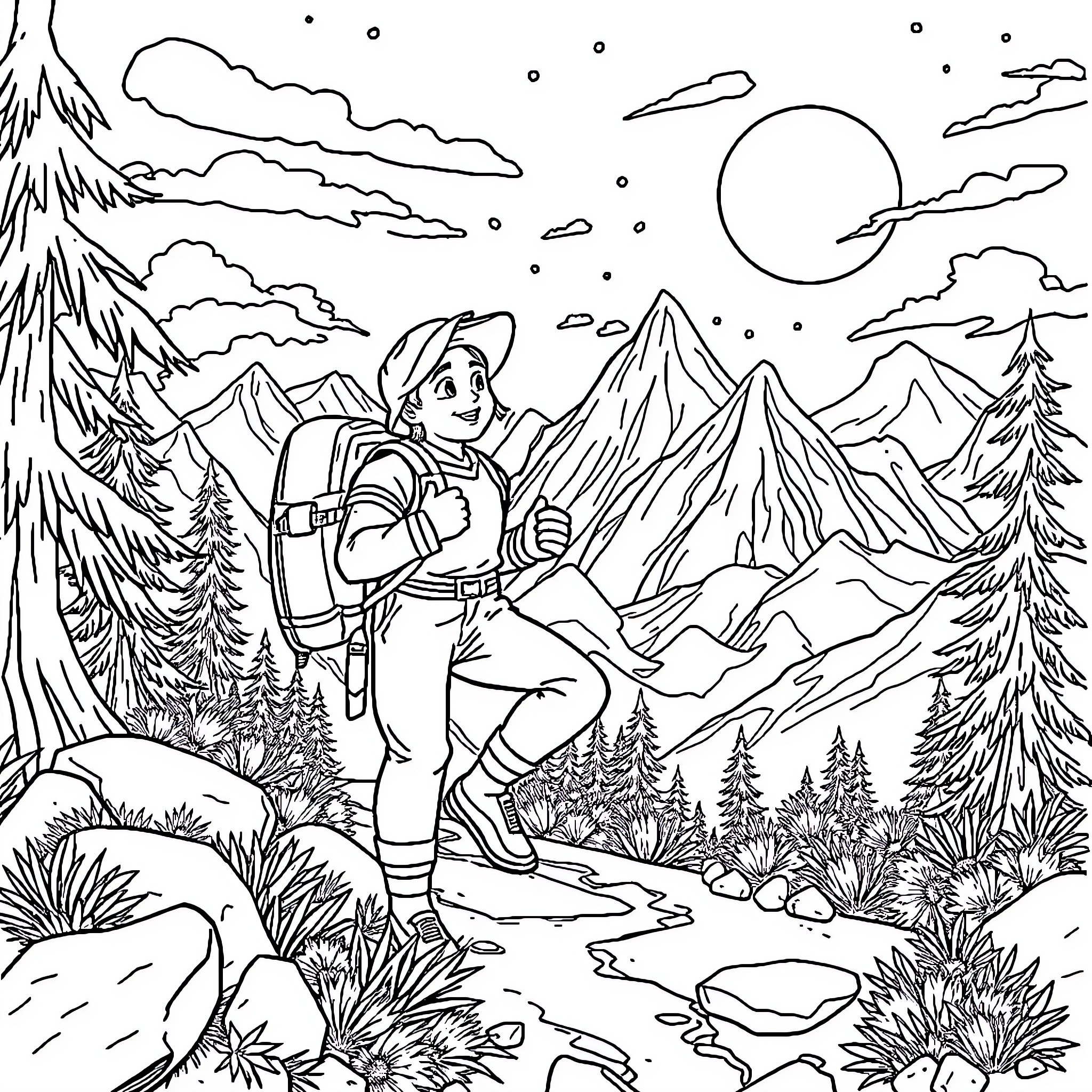 Go Hike Through Snowy Mountain Landscape Coloring Page (free black-and-white line drawing printable PDF for all, from beginners to advanced learners, including children, teens, adults, and seniors)