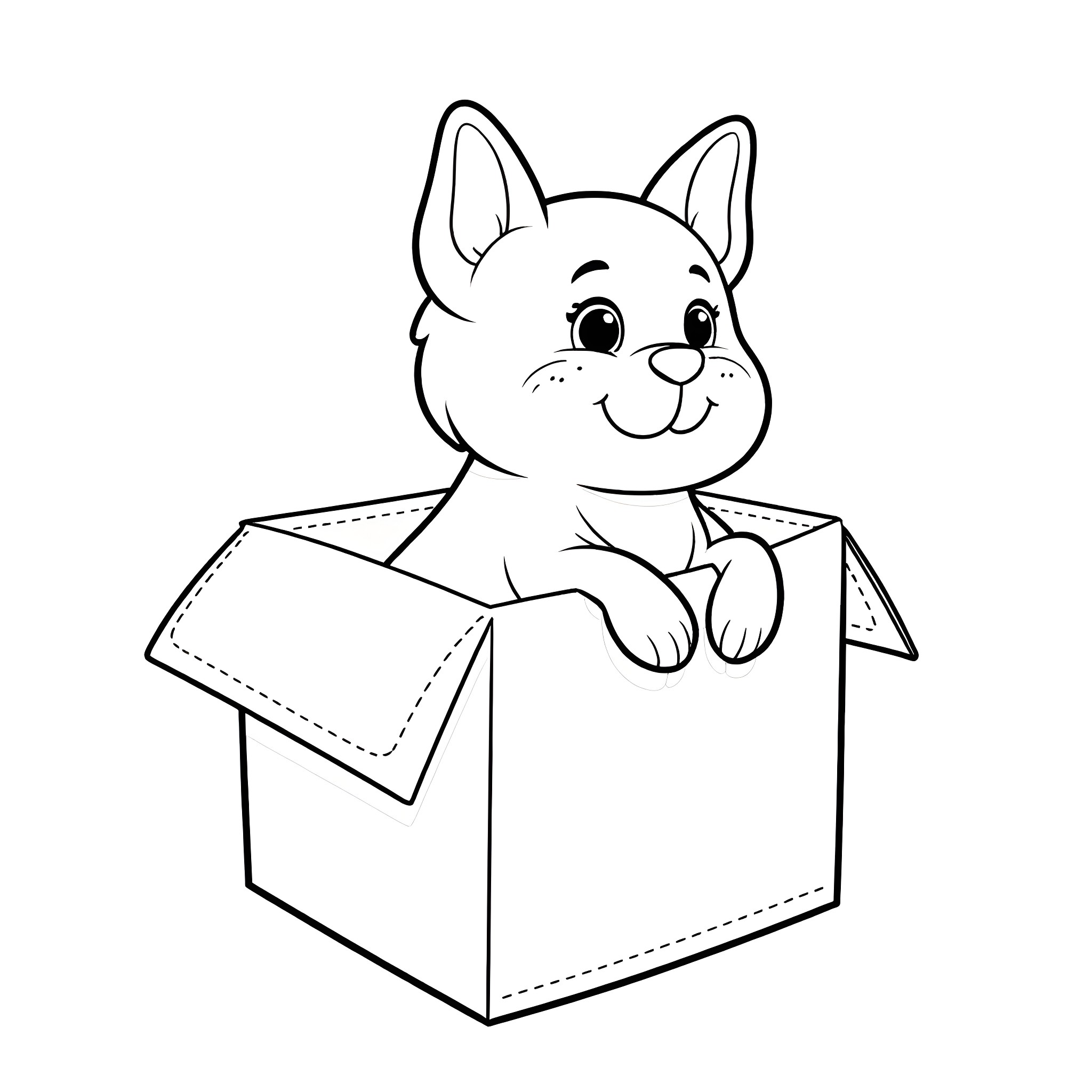 Bosco the Puppy in a Cardboard Box Coloring Page (free black-and-white line drawing printable PDF for all, from beginners to advanced learners, including children, teens, adults, and seniors)