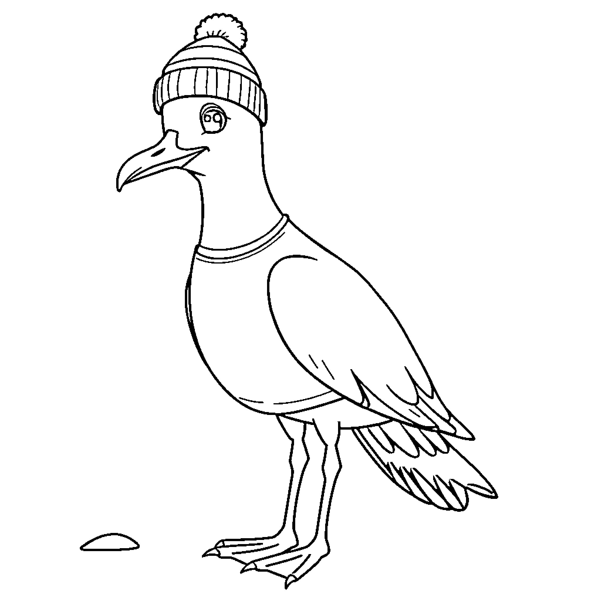 Seagull wearing a warm winter hat Coloring Page (free black-and-white line drawing printable PDF for all, from beginners to advanced learners, including children, teens, adults, and seniors)