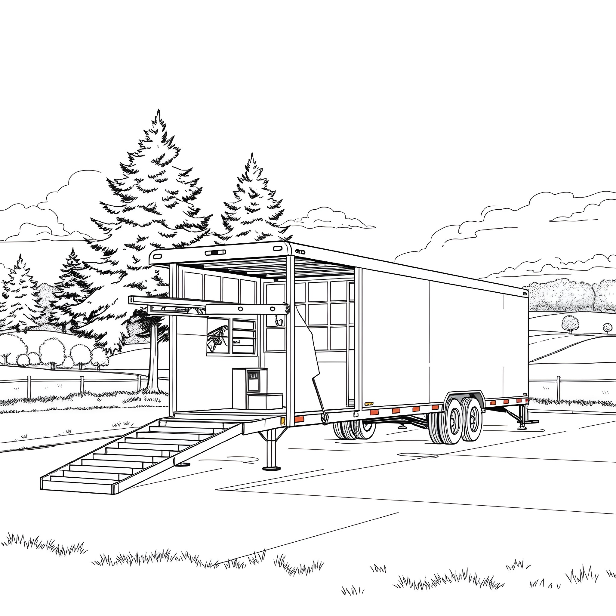 Gooseneck Trailer with Modern Cabin Design Coloring Page (free black-and-white line drawing printable PDF for all, from beginners to advanced learners, including children, teens, adults, and seniors)