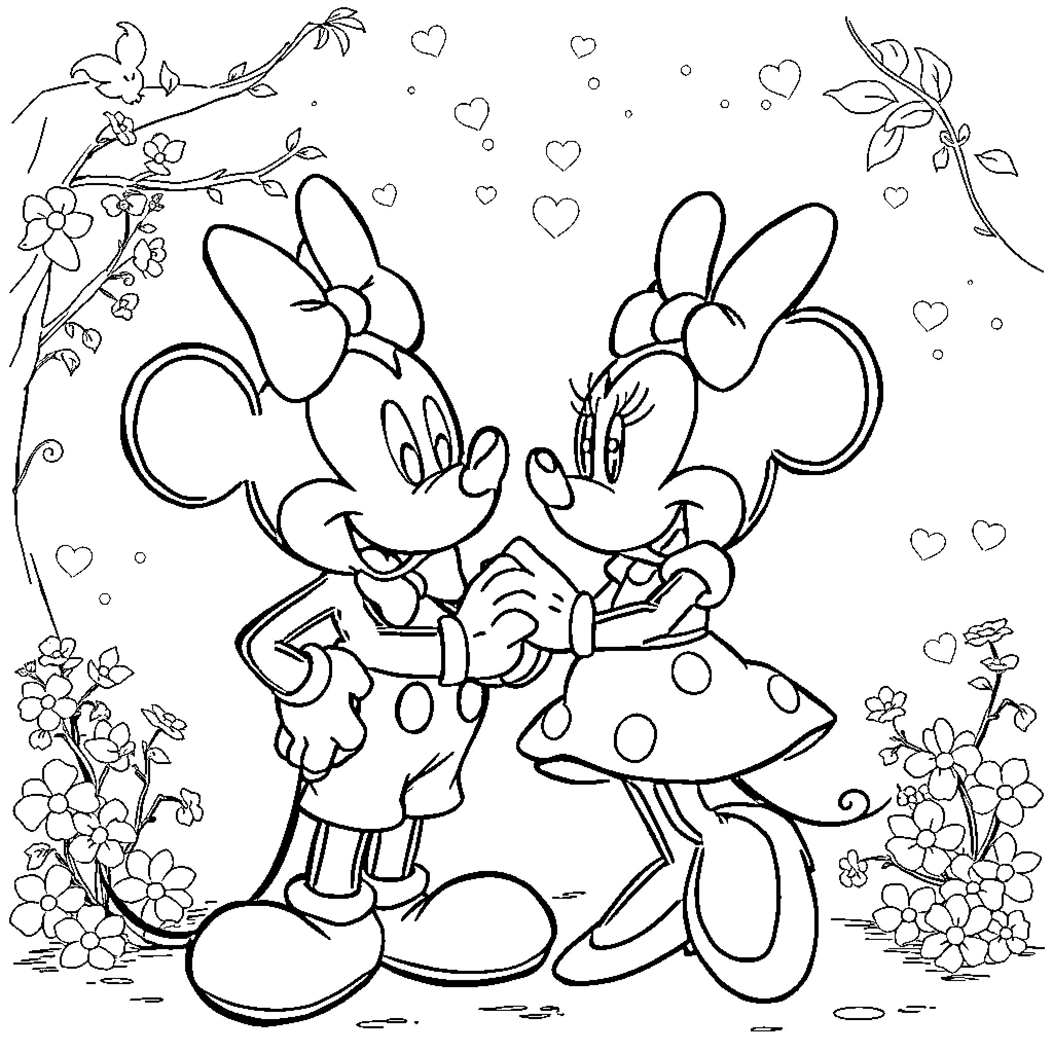 Mikey and Minnie's Romantic Embrace in Flowery Garden Coloring Page (free black-and-white line drawing printable PDF for all, from beginners to advanced learners, including children, teens, adults, and seniors)