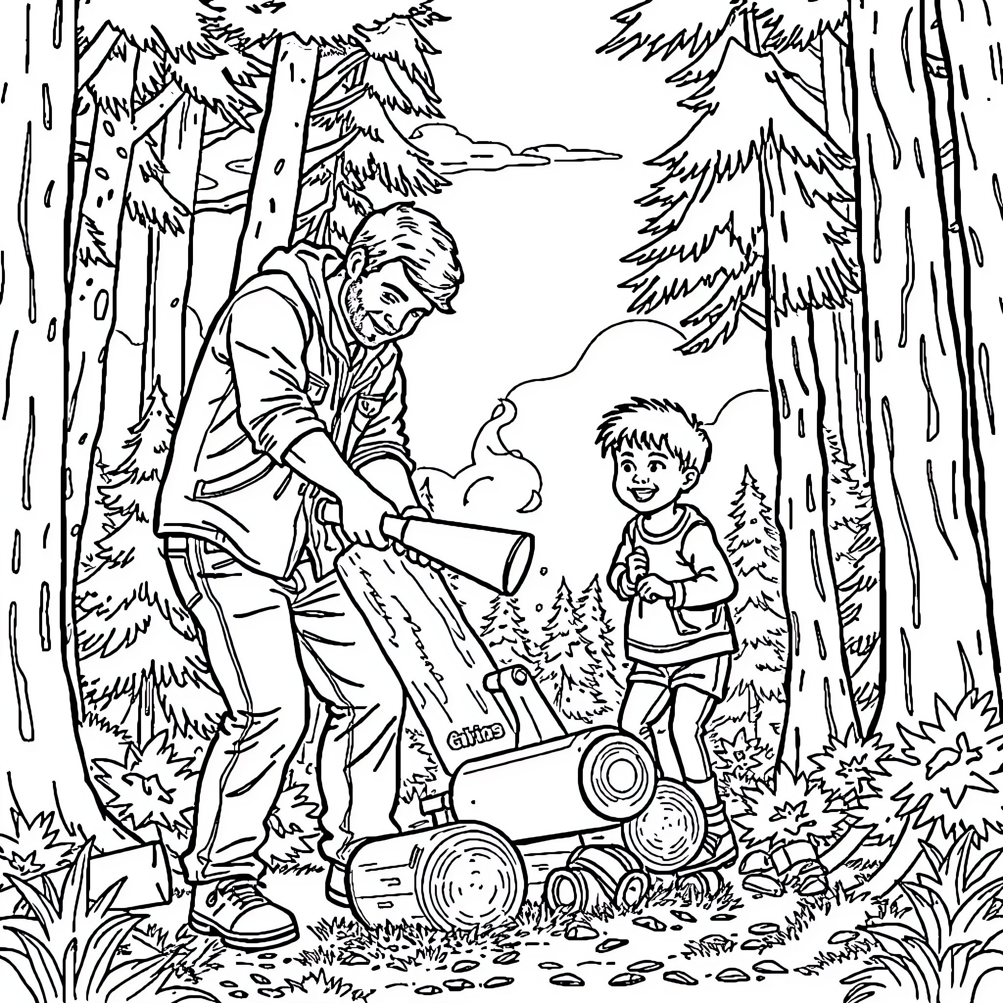 Dad and child exploring the forest together Coloring Page (free black-and-white line drawing printable PDF for all, from beginners to advanced learners, including children, teens, adults, and seniors)